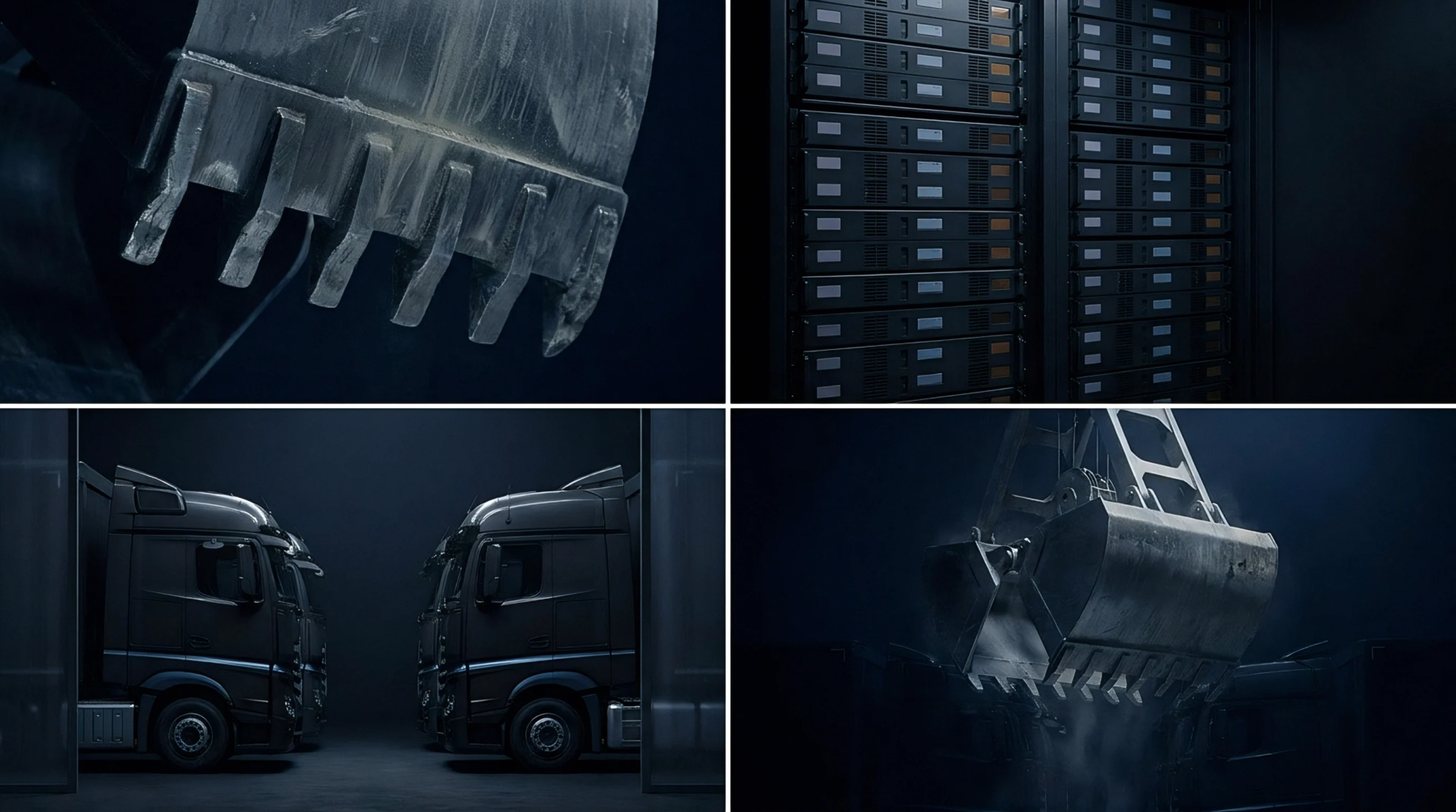 Heavy industrial machinery components and logistics transport vehicles appear alongside digital server infrastructure within a dark production facility environment.