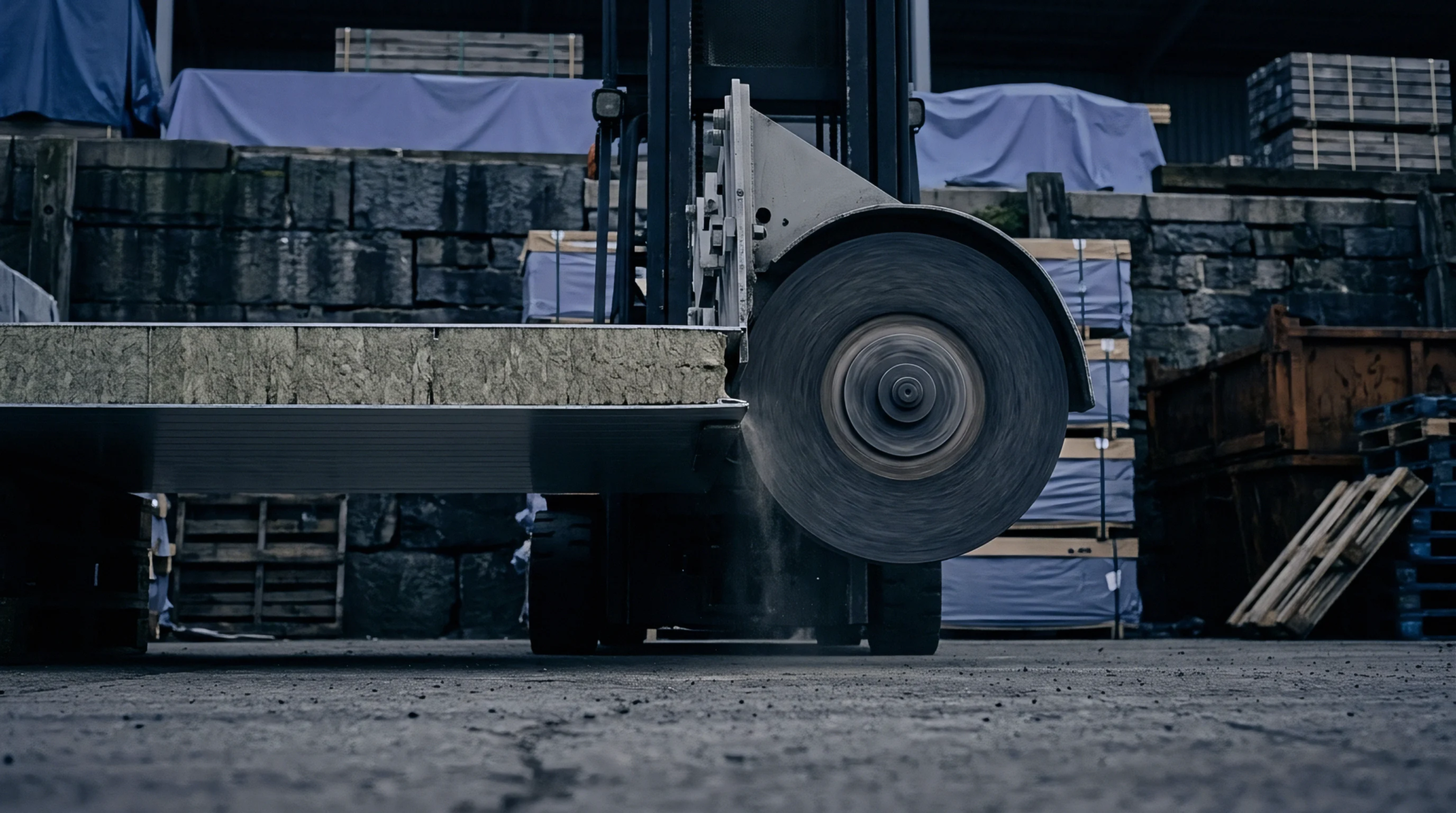 A heavy industrial saw blade attached to a forklift slices through a thick construction panel in a manufacturing yard.