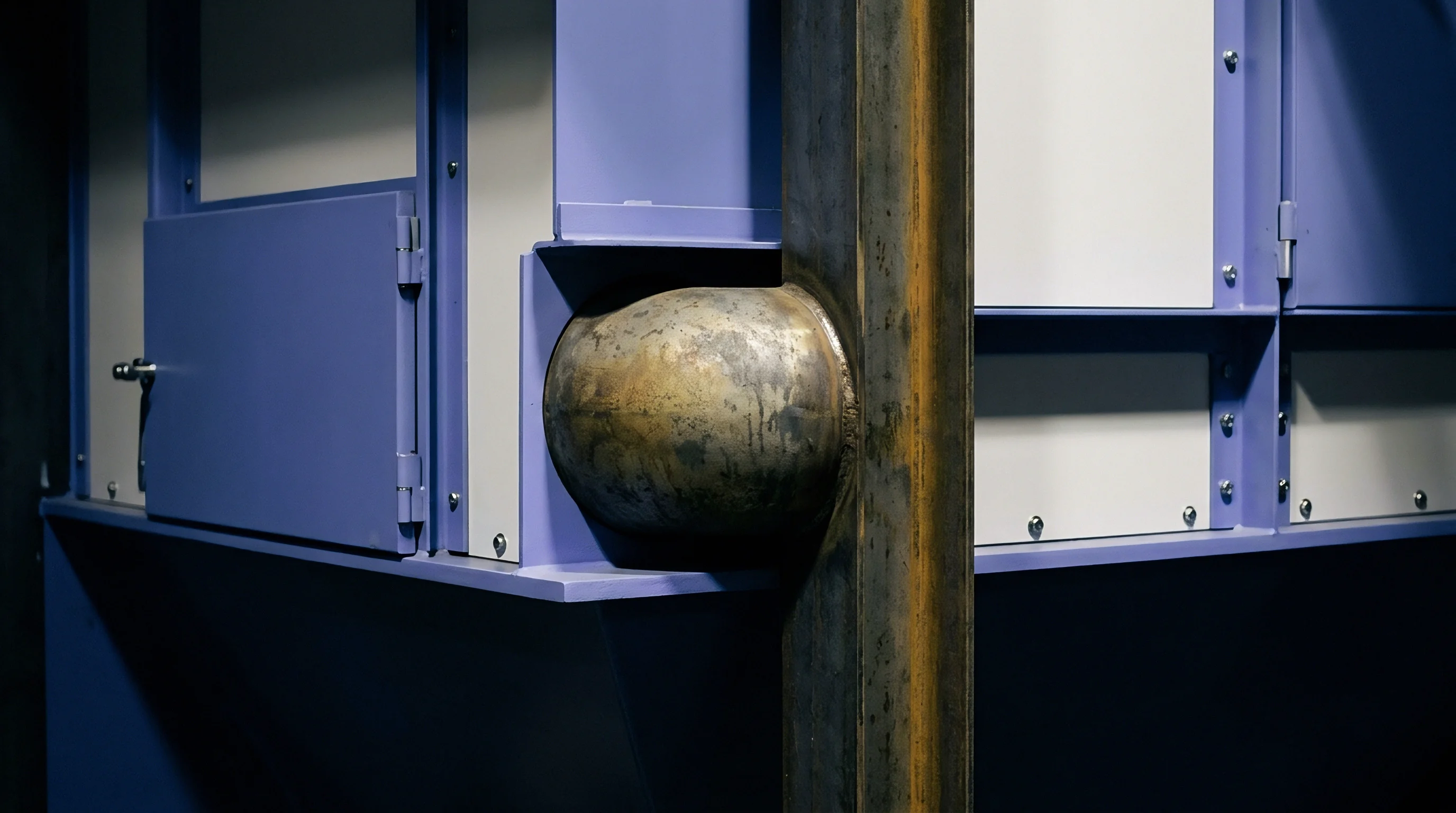 Blue coated steel industrial enclosure panels feature a welded metal duct connection secured beside vertical structural framing inside a production facility.