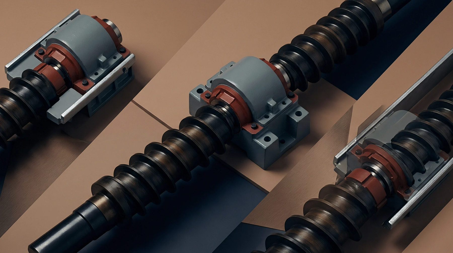 Three steel leadscrews with mounting blocks and bronze threads rest on a brown and blue geometric surface in this digital render.