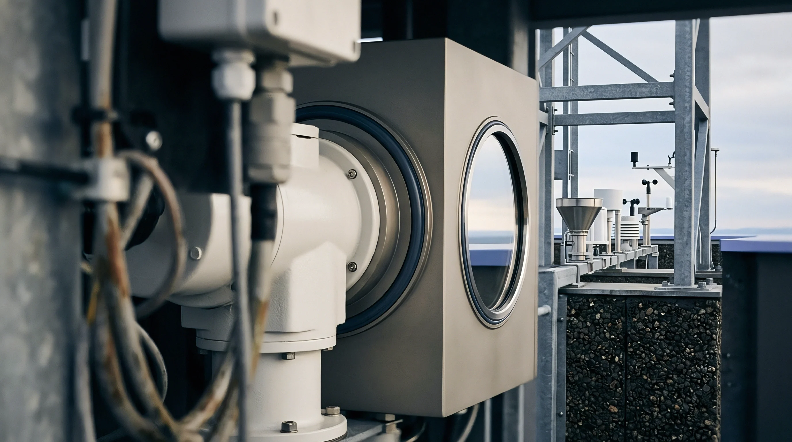 Professional meteorological instruments monitor ambient conditions on an industrial rooftop to provide real time environmental data for logistics and supply chain operational planning.