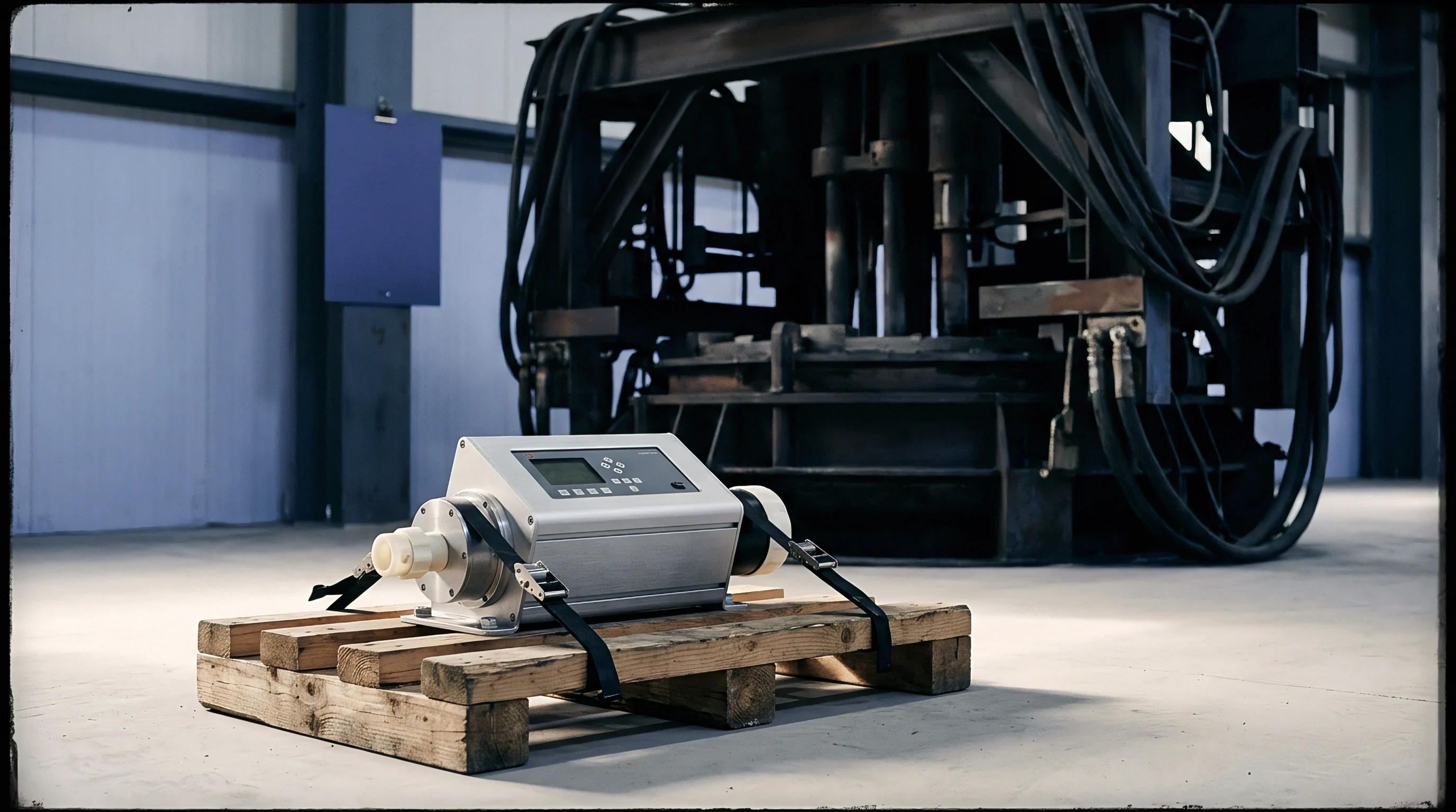 A technical monitoring console sits strapped to a wooden pallet in the foreground of a large assembly plant floor.