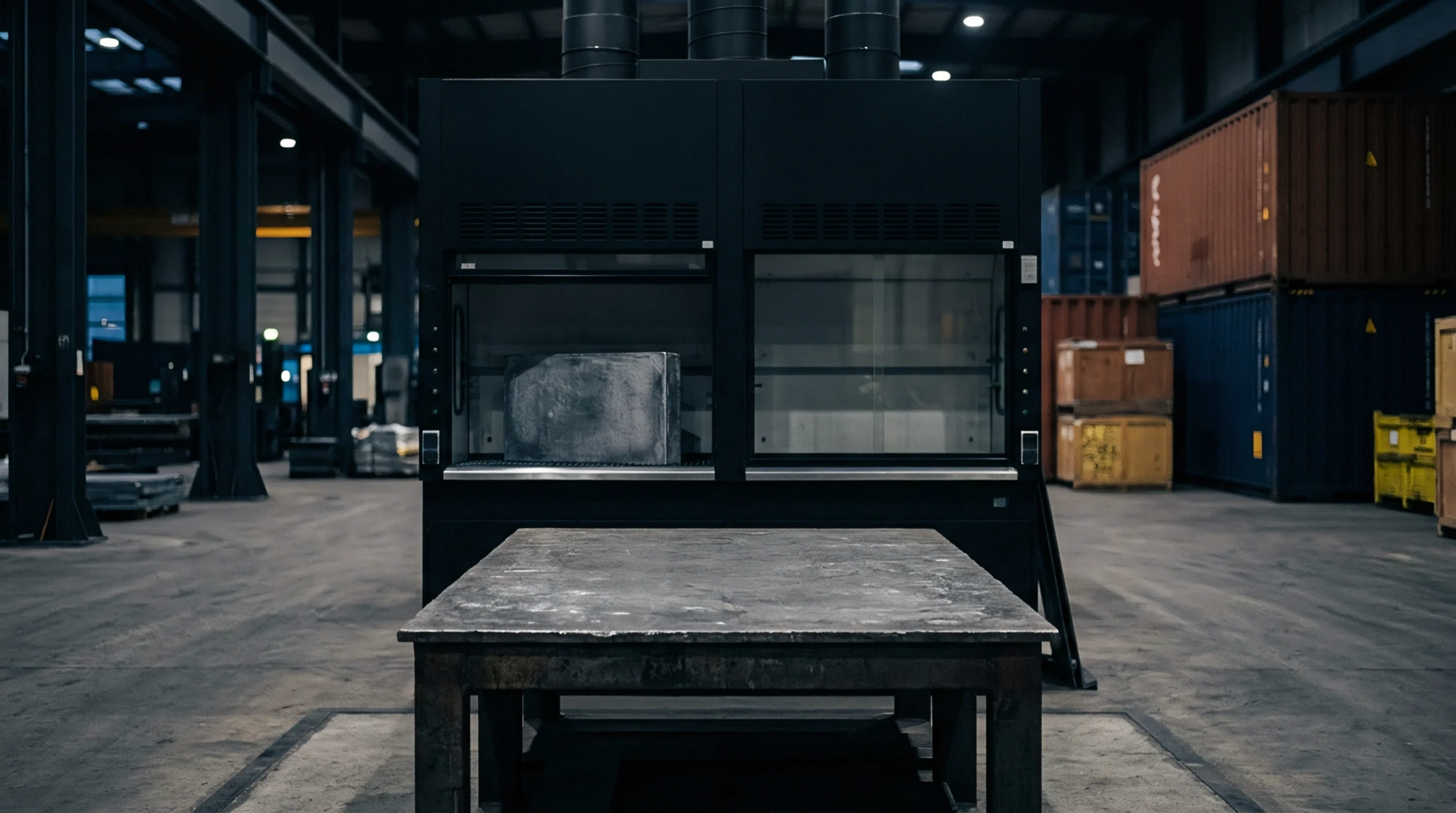 An industrial facility interior features a heavy material processing unit containing a large metallic block, positioned before an empty robust workbench.
