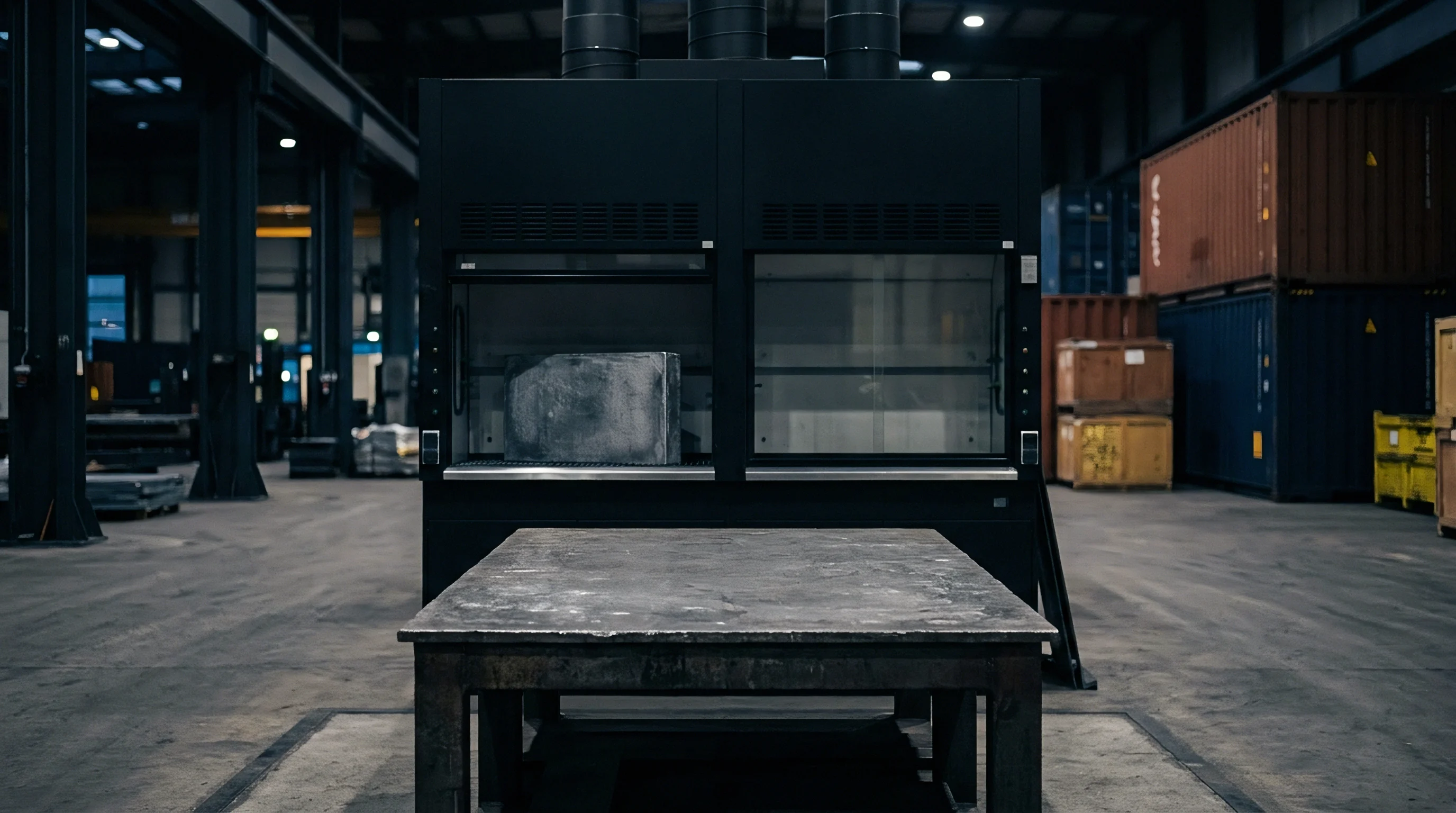 An industrial facility interior features a heavy material processing unit containing a large metallic block, positioned before an empty robust workbench.