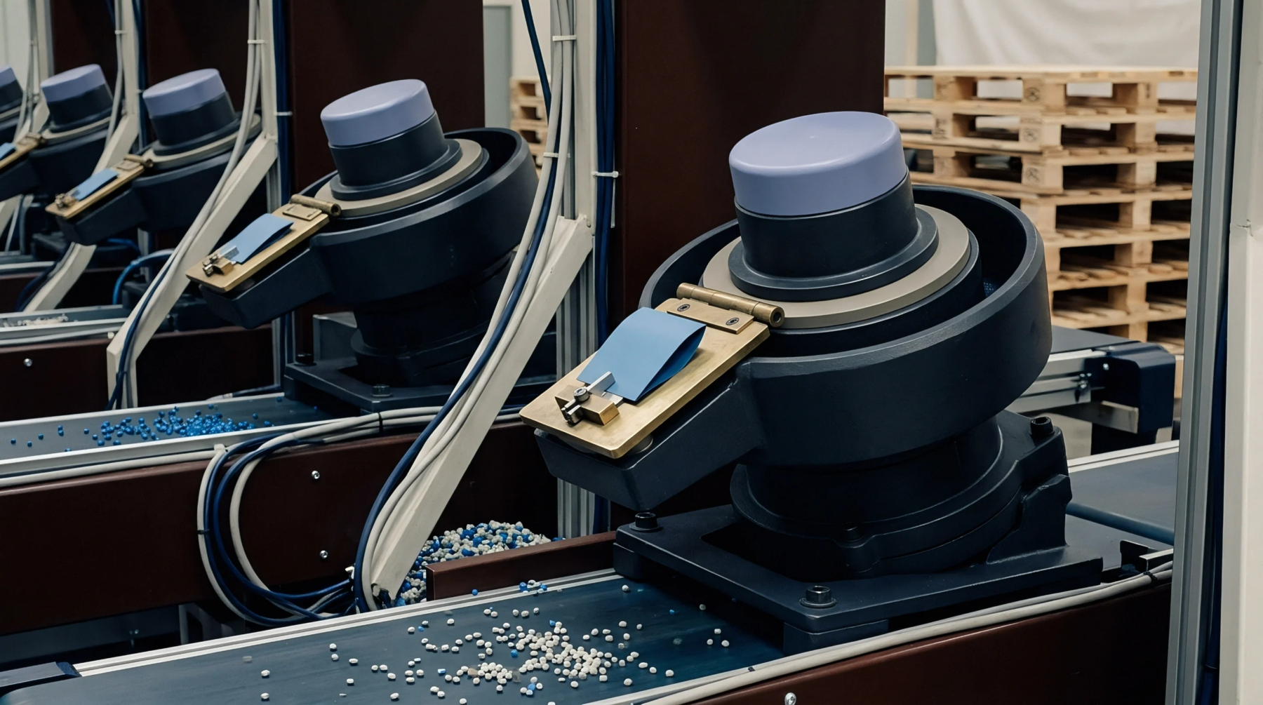 Automated sorting mechanisms operate over a conveyor belt carrying small white and blue polymer pellets through a controlled industrial factory environment.