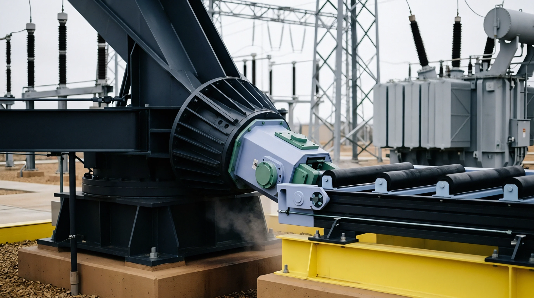 High voltage electrical substation components feature a mechanical pivot assembly mounted on steel beams near industrial transformers and insulators.