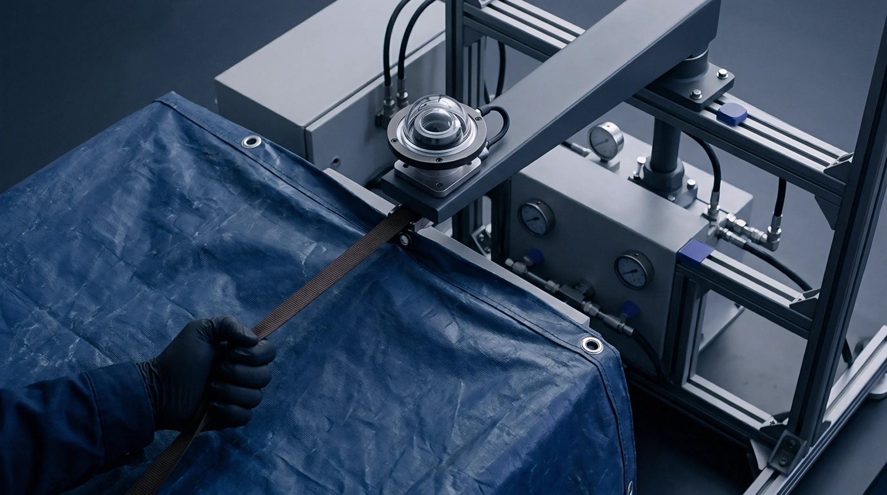 Industrial testing equipment evaluates a reinforced blue tarpaulin material while an operator holds a securing strap.