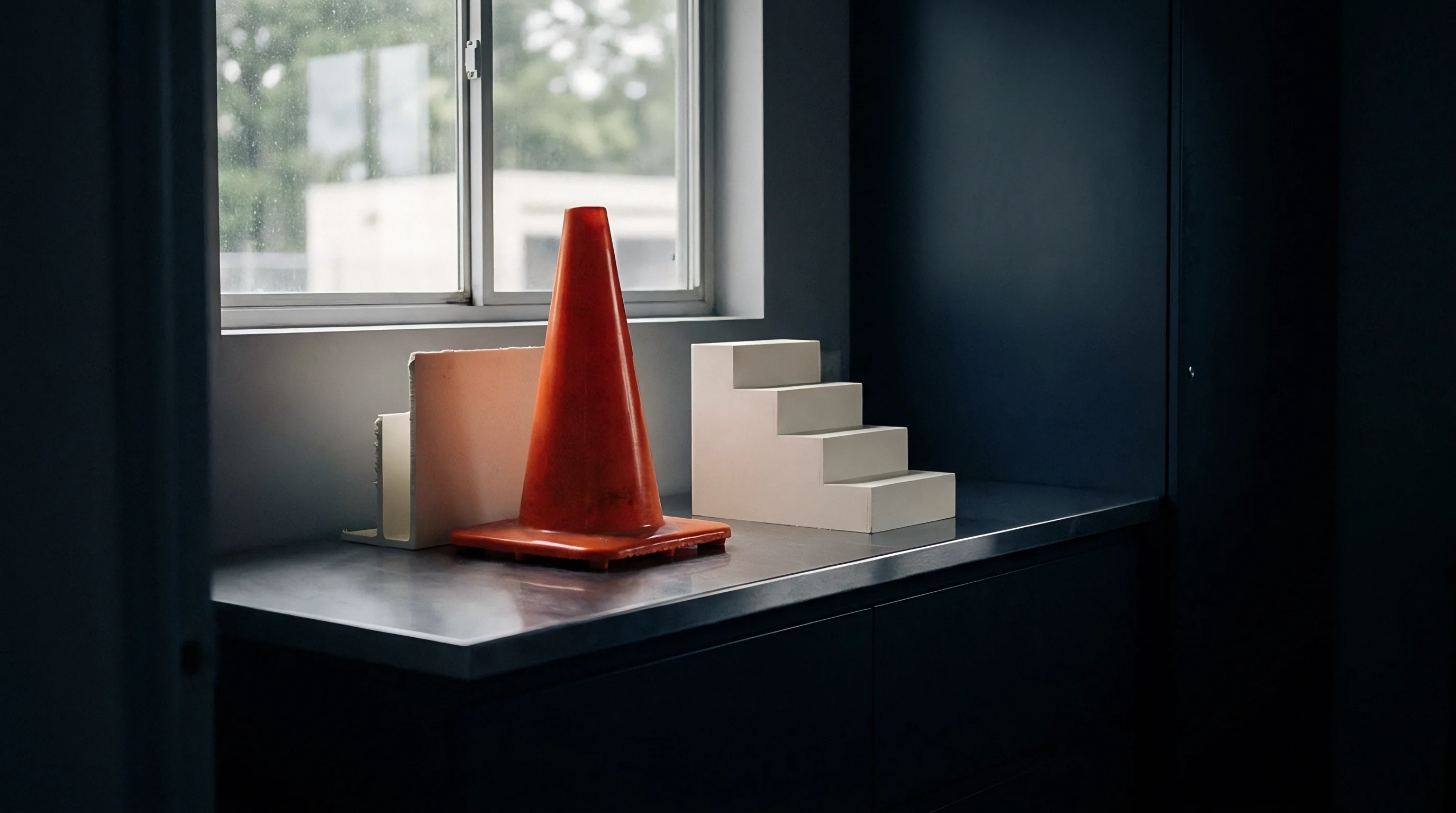 An orange safety cone rests beside modular white architectural models on a stainless steel industrial workstation near a window.