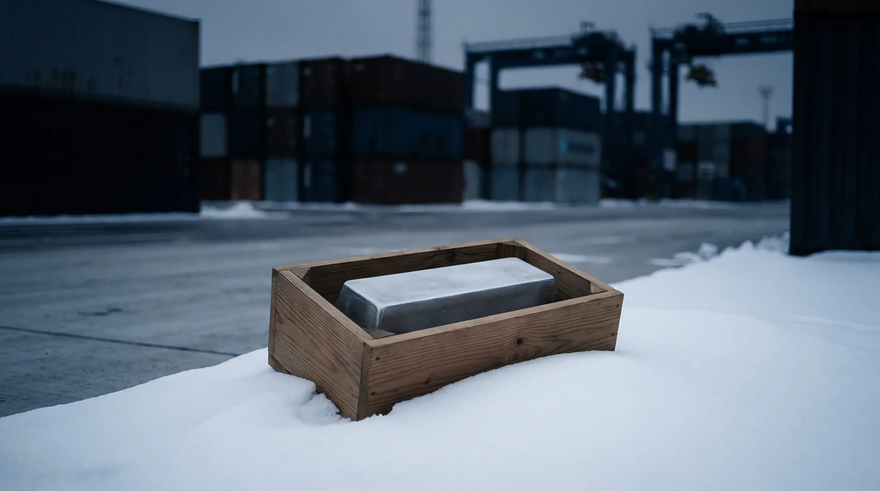 A large rectangular ingot of raw industrial metal rests within a wooden crate surrounded by snow in an outdoor freight terminal.