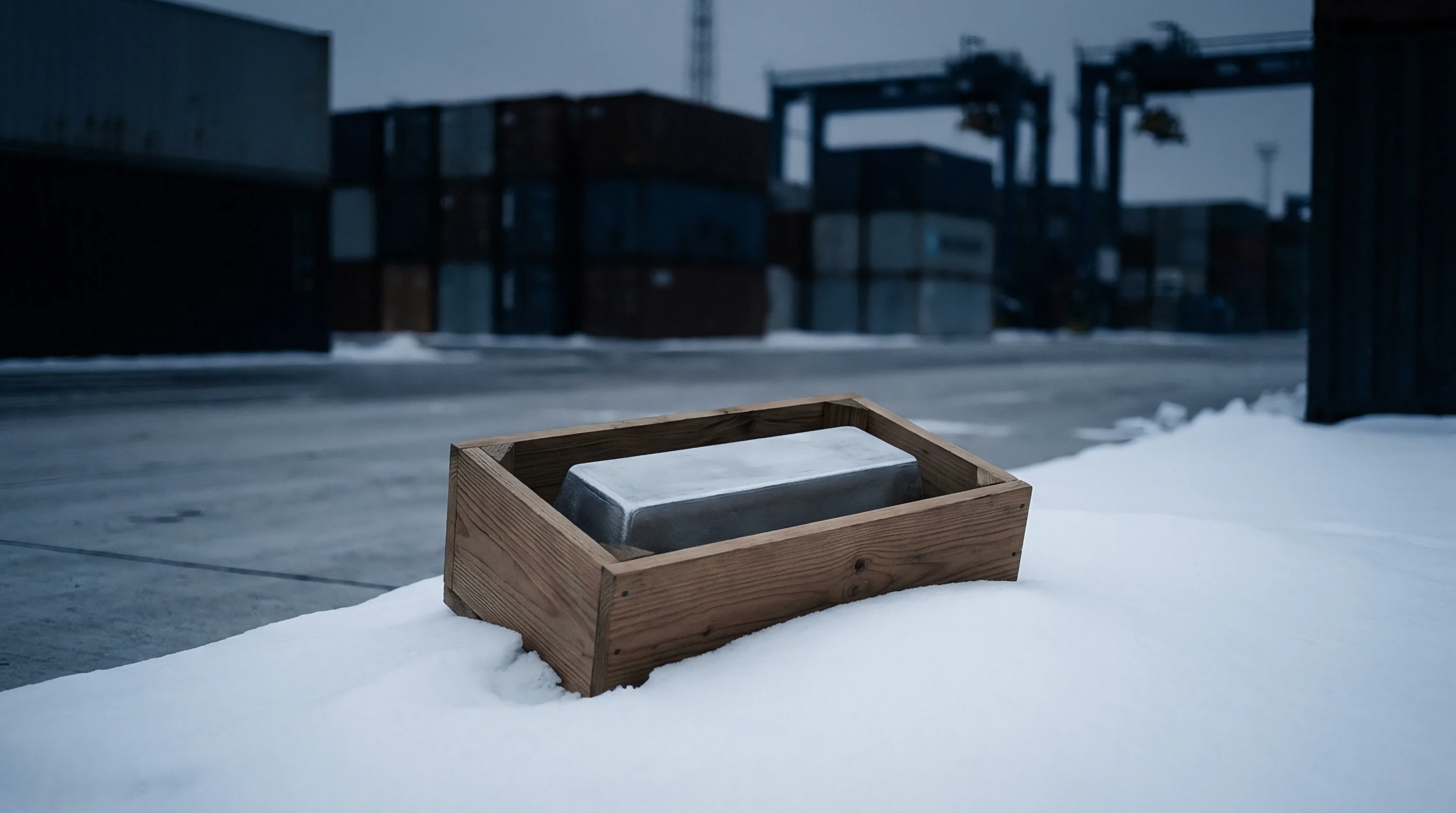 A large rectangular ingot of raw industrial metal rests within a wooden crate surrounded by snow in an outdoor freight terminal.