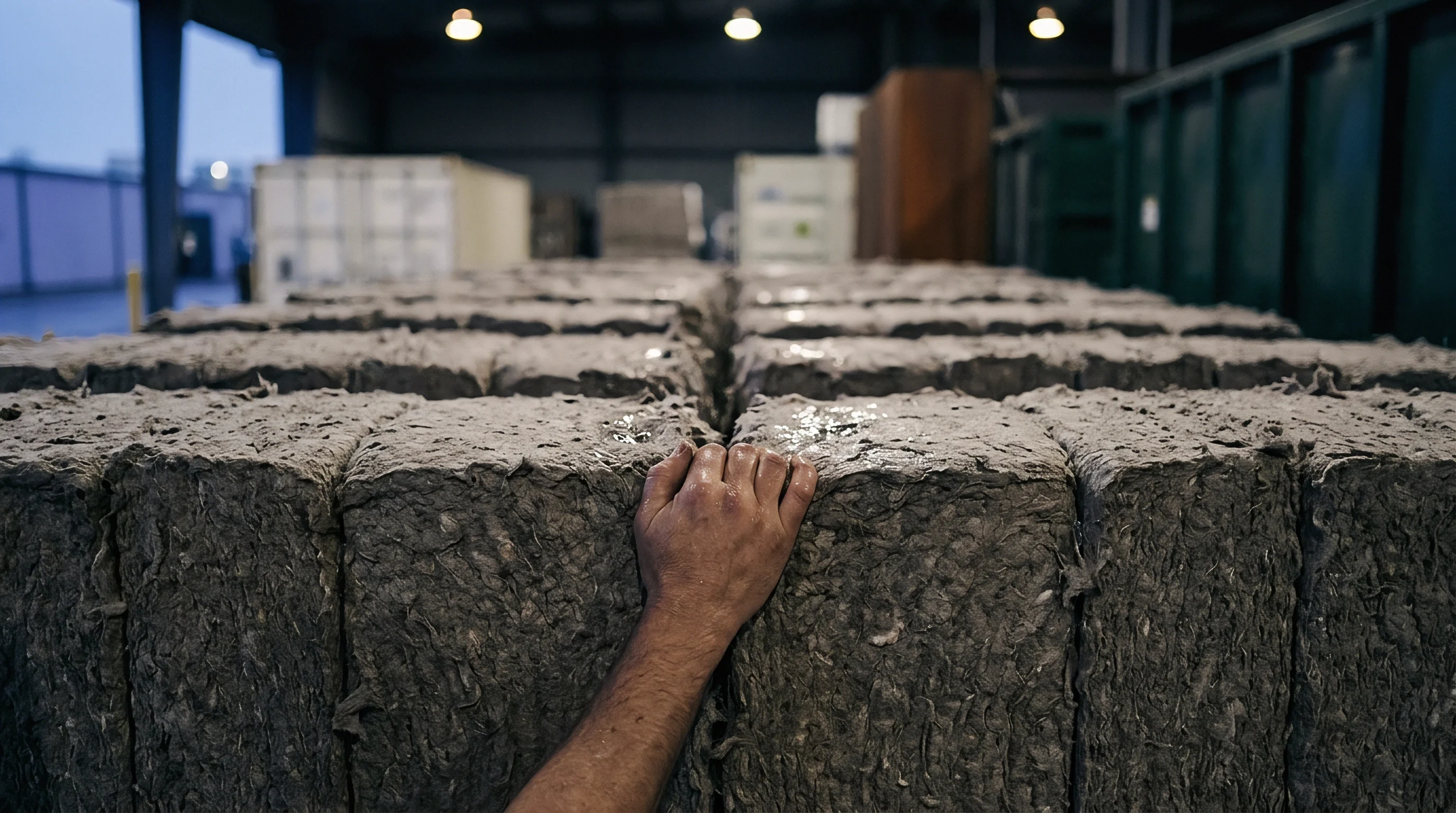 A bare human hand touches compressed gray fibrous raw material bales aligned neatly inside a large industrial warehouse facility.