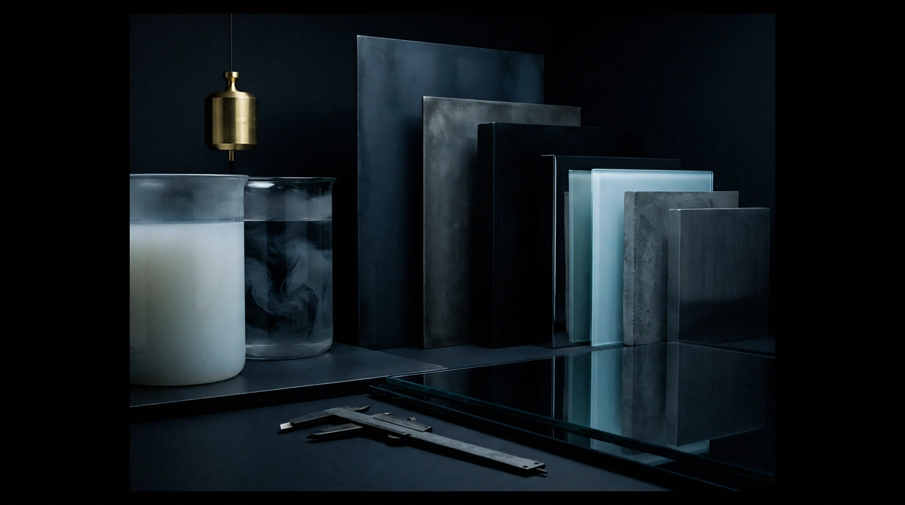 Vertical metal and glass sample panels stand beside chemical beakers and precision measuring instruments on a dark production laboratory surface.
