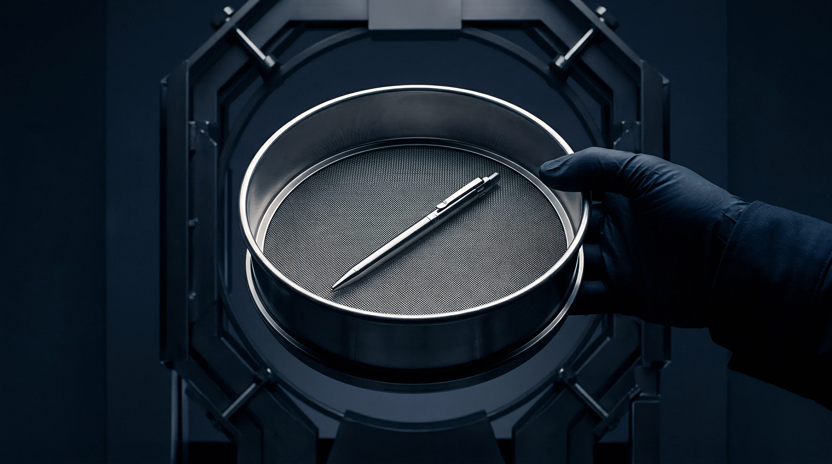 A digital render shows a gloved hand holding a round metal laboratory sieve with a silver pen resting on the mesh screen.