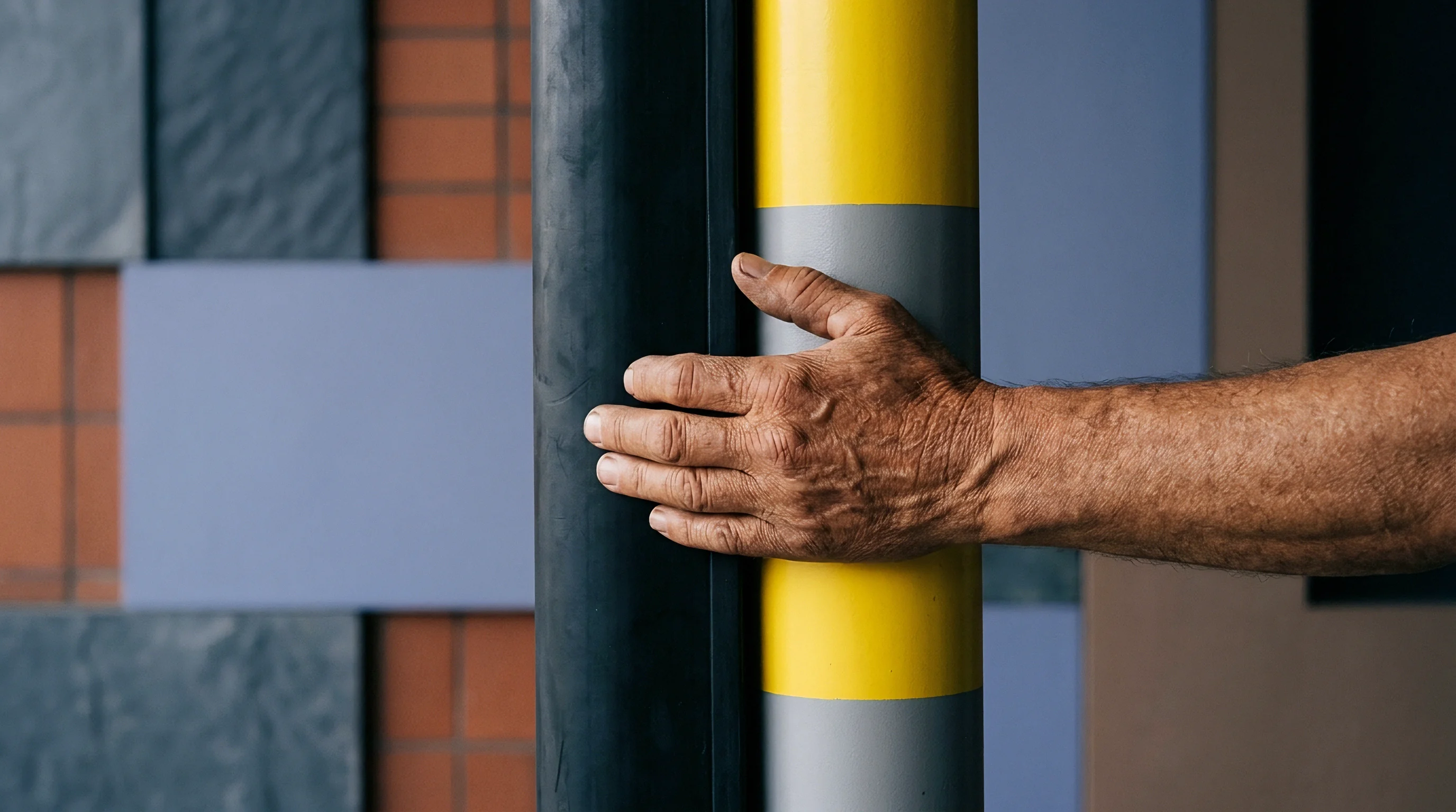 An industrial worker hand rests firmly against a yellow and grey painted steel support column fitted with rubber protection.