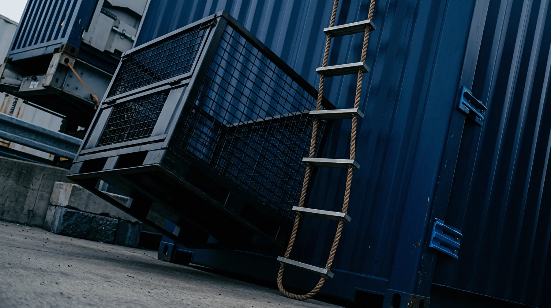 A dark blue corrugated steel shipping container stands behind a black steel mesh pallet cage and a suspended wooden rung rope ladder.