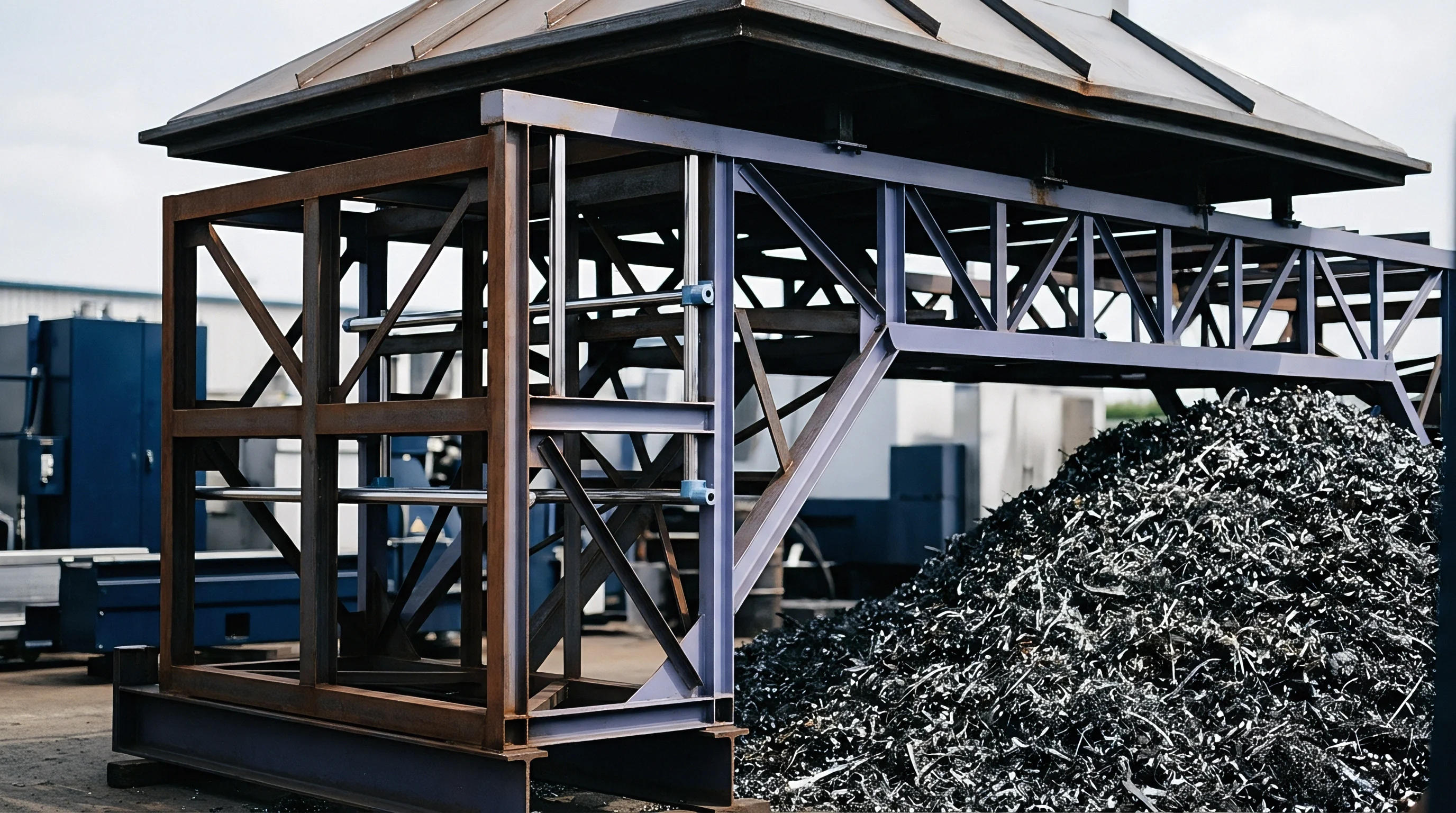 Heavy steel structural framing stands beside a large accumulation of ferrous metal shavings within an industrial outdoor production and recycling facility yard.
