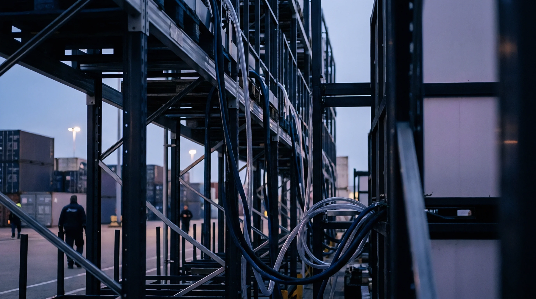 Heavy steel storage frameworks and flexible industrial conduits fill an outdoor freight terminal yard containing stacked shipping containers under twilight skies.