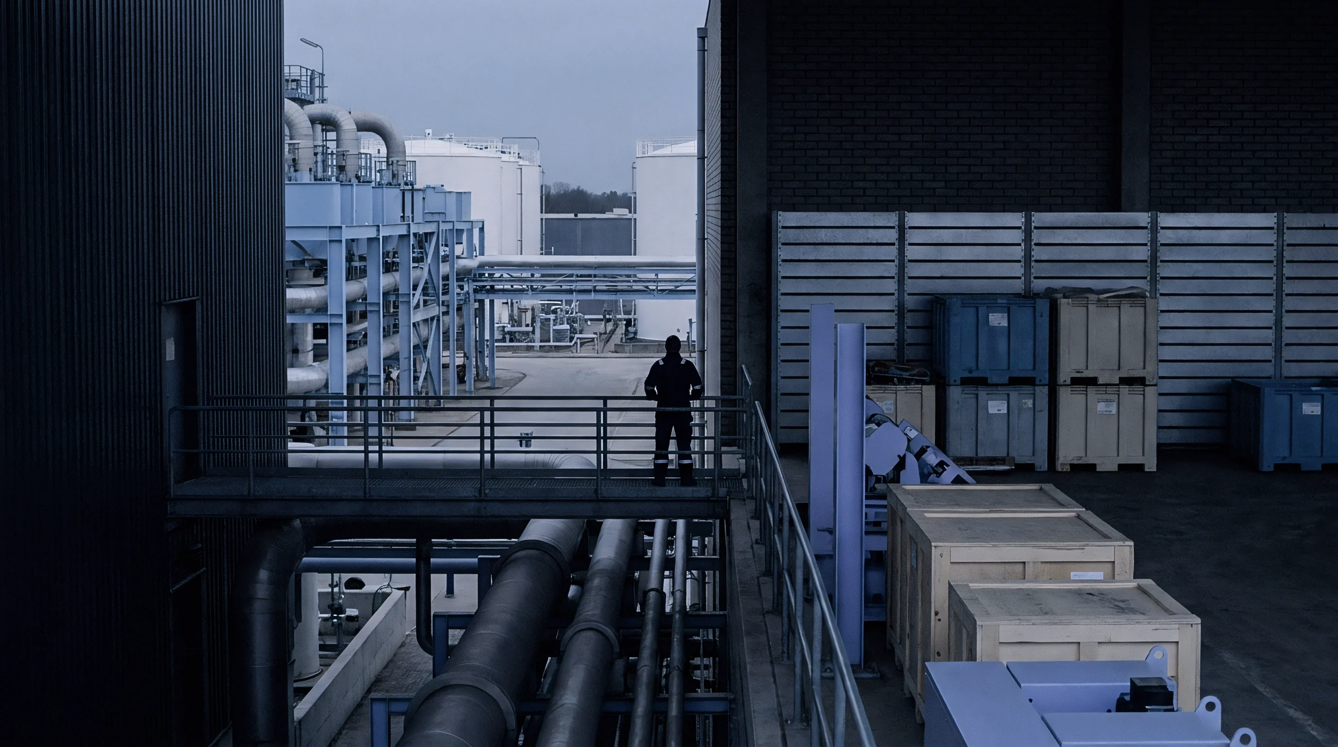 A uniformed operative observes industrial pipes and storage structures from an elevated metal walkway at a chemical processing complex.