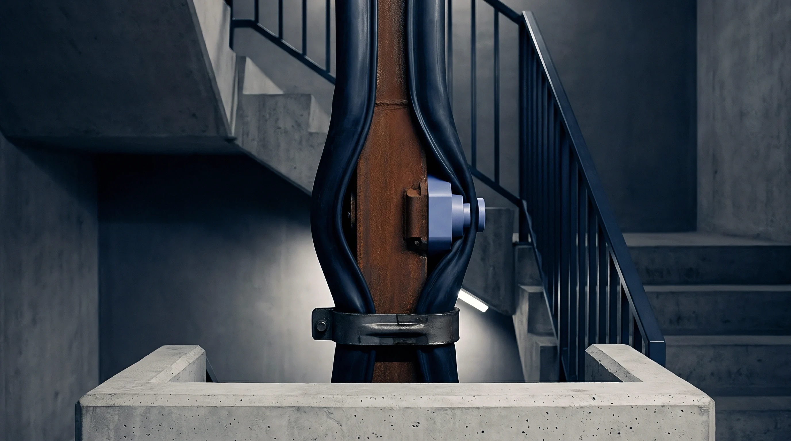 A weathered steel support column fitted with rubber protective sleeves and a blue mechanical sensor stands inside a raw concrete industrial stairwell.