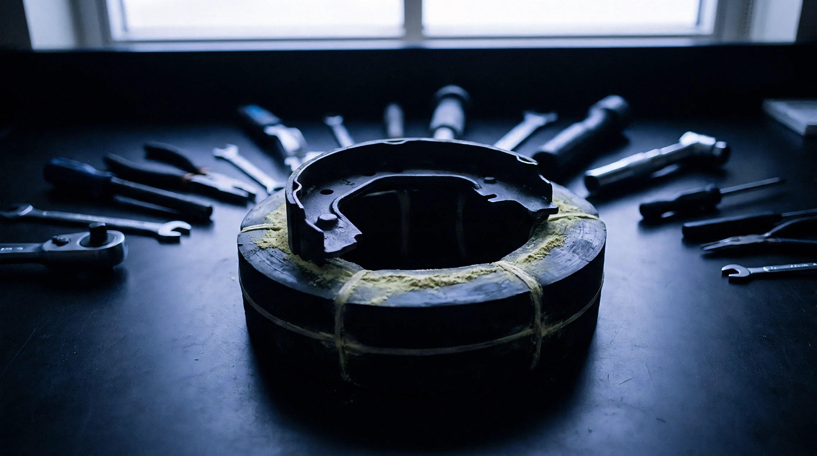 Heavy machinery spare parts and sorted hand tools rest on a dark metal workbench inside a production facility.