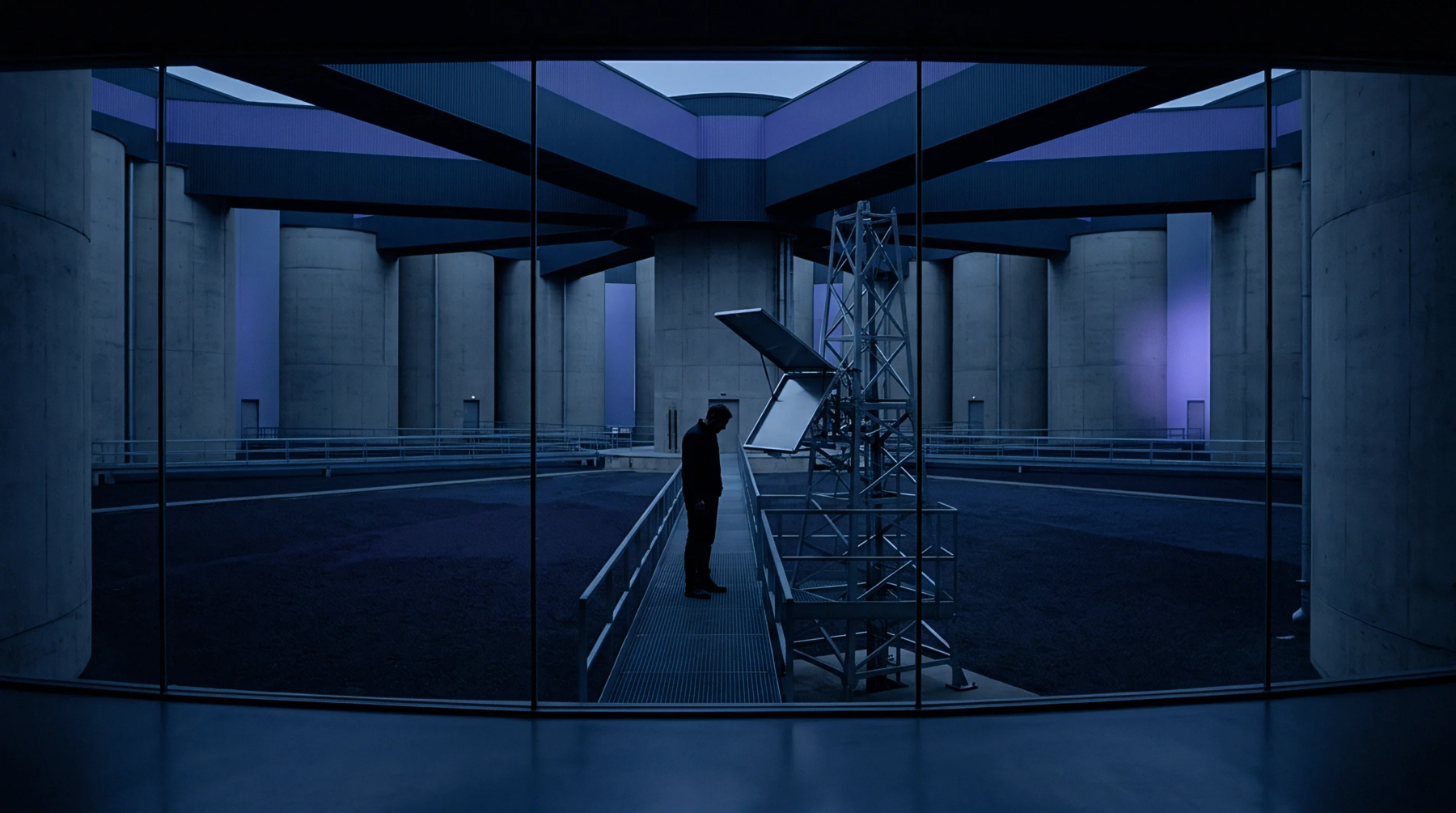 An inspector stands on a metal catwalk within a circular concrete bulk storage facility under a radial steel support structure.