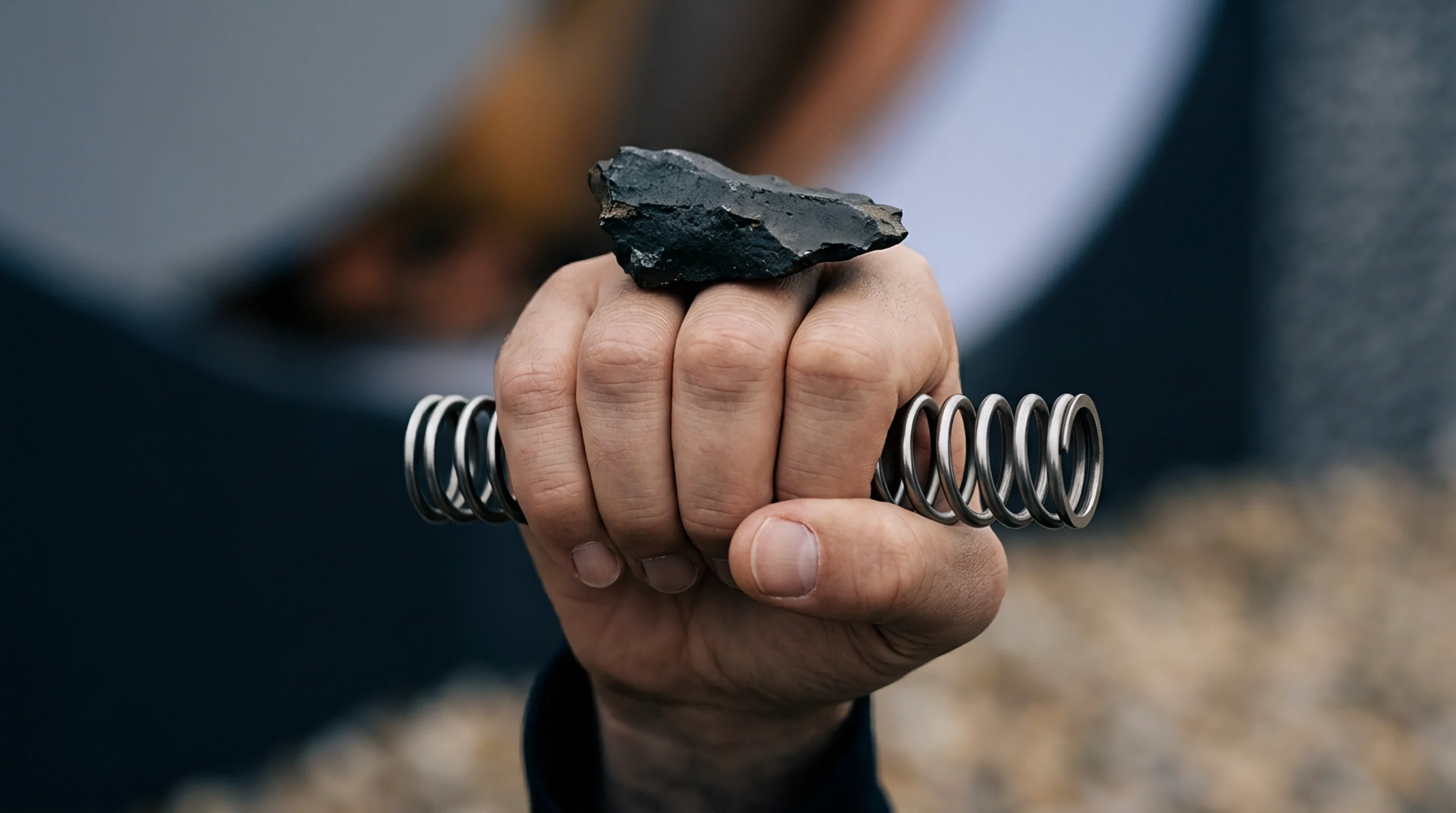 A clenched hand grips a coiled steel suspension component while supporting a jagged fragment of dark industrial mineral ore on top.