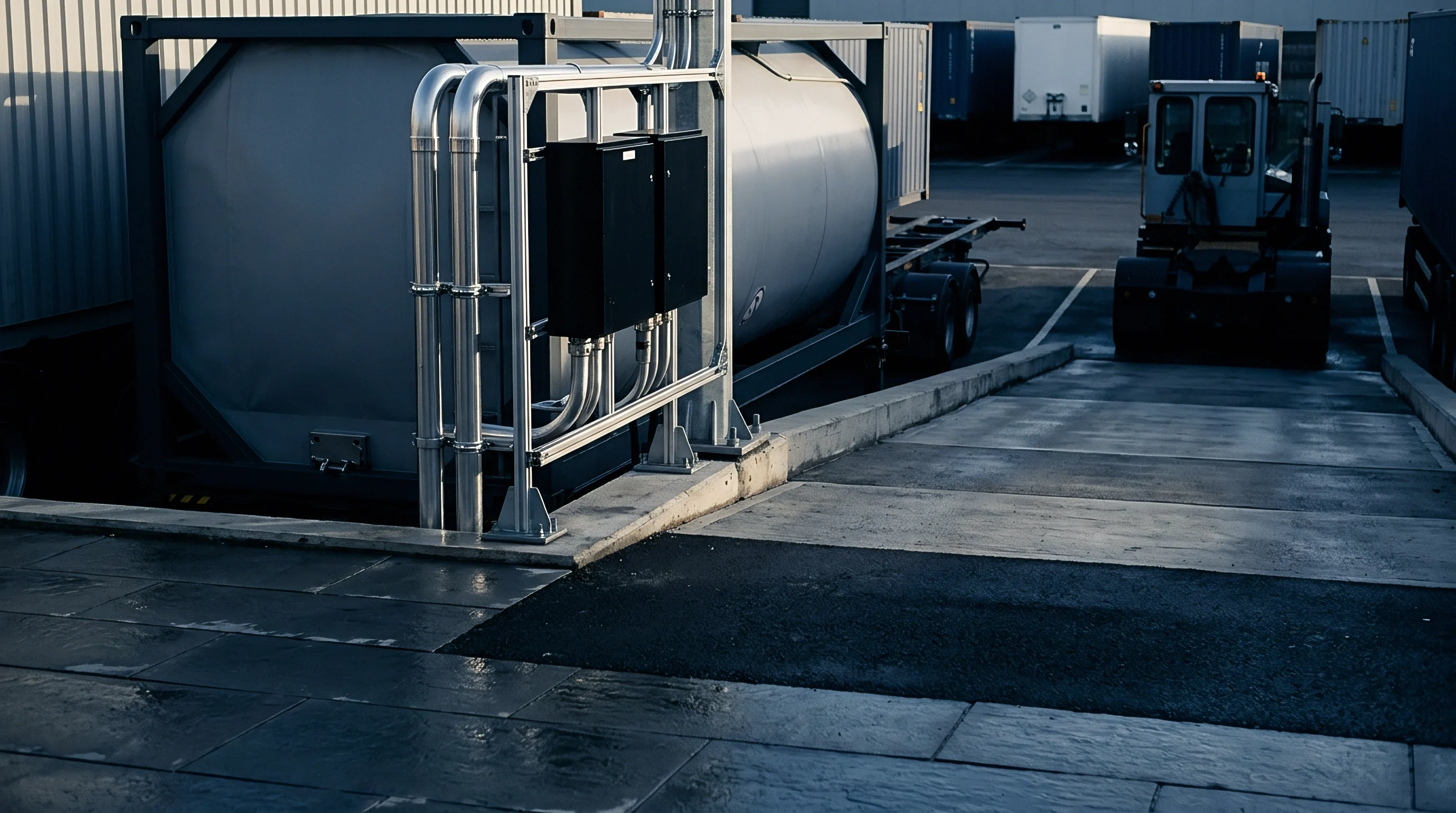 A cylindrical stainless steel intermodal tank container rests on a trailer chassis beside a steel piping manifold within an industrial freight terminal.