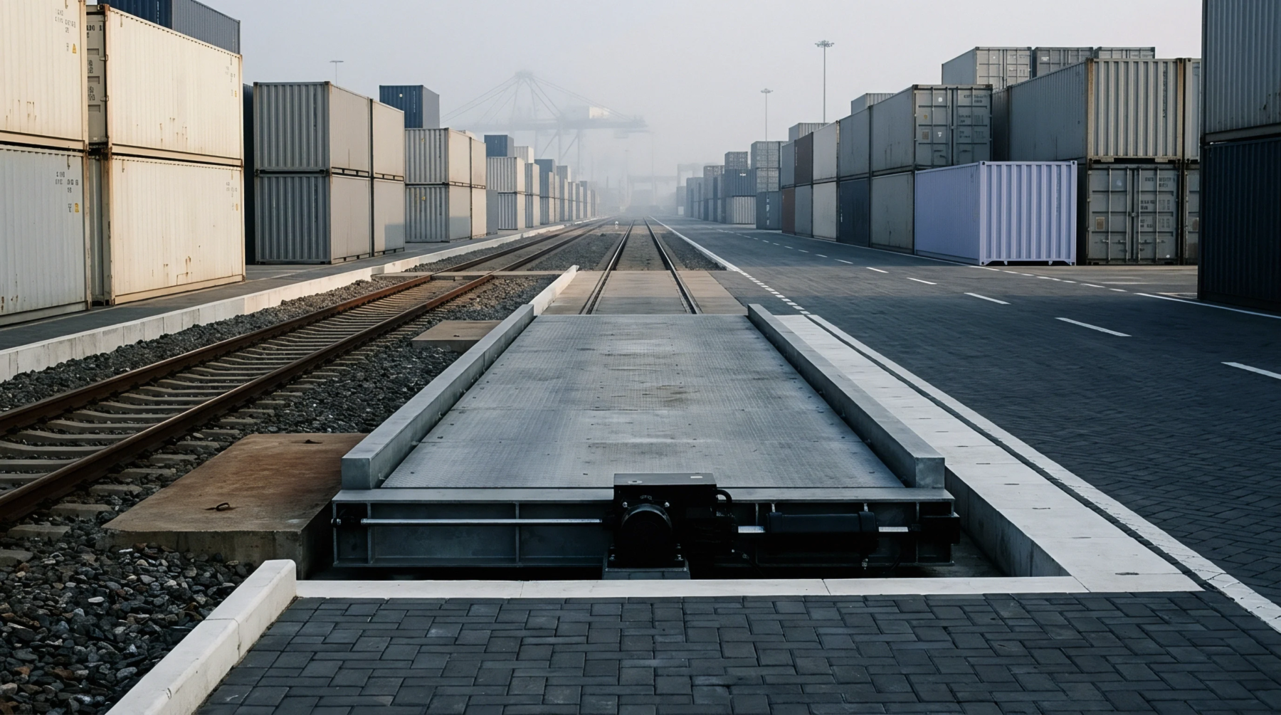 A digital render of an industrial intermodal freight yard containing a central weighbridge flanked by railway tracks and stacked shipping containers.