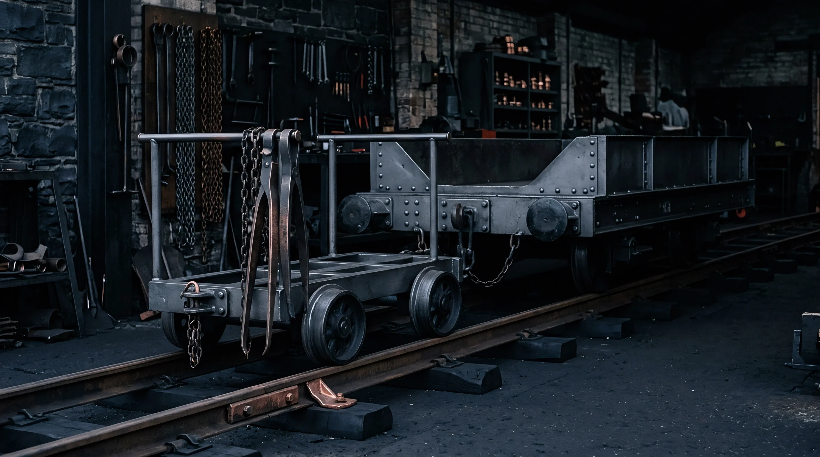 Metal flatbed and freight wagons rest on railway tracks inside a heavy industrial manufacturing plant surrounded by production tools.