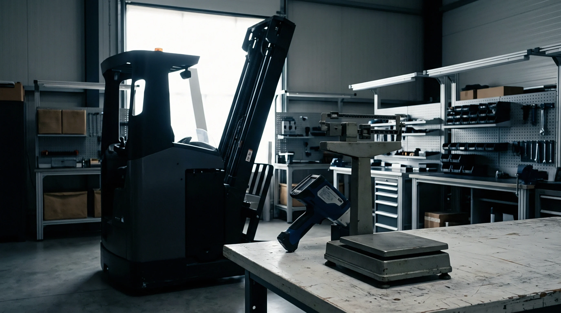 An electric reach truck, mechanical weighing scale, and handheld data terminal occupy a staging zone inside an industrial warehouse facility.