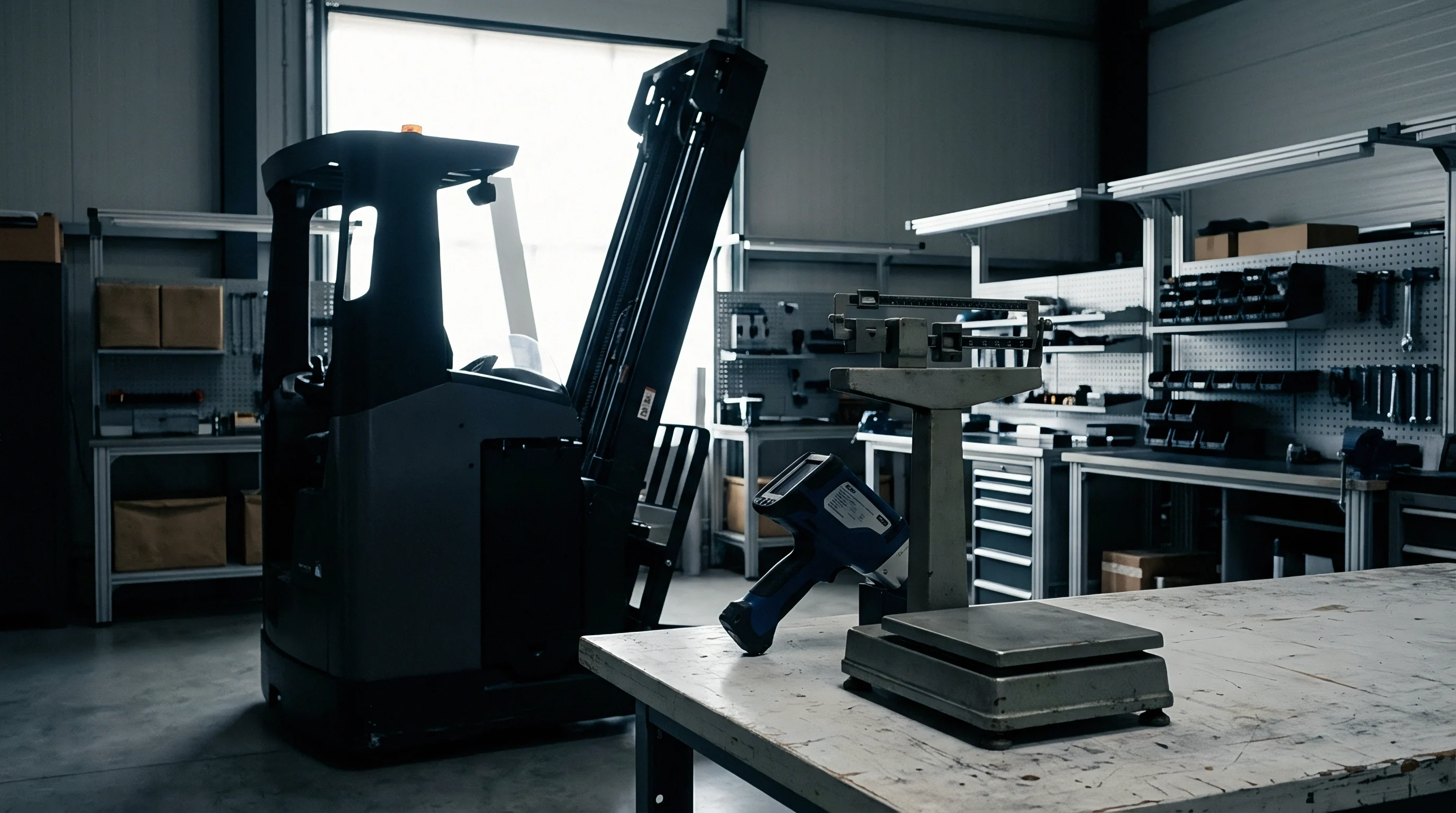 An electric reach truck, mechanical weighing scale, and handheld data terminal occupy a staging zone inside an industrial warehouse facility.