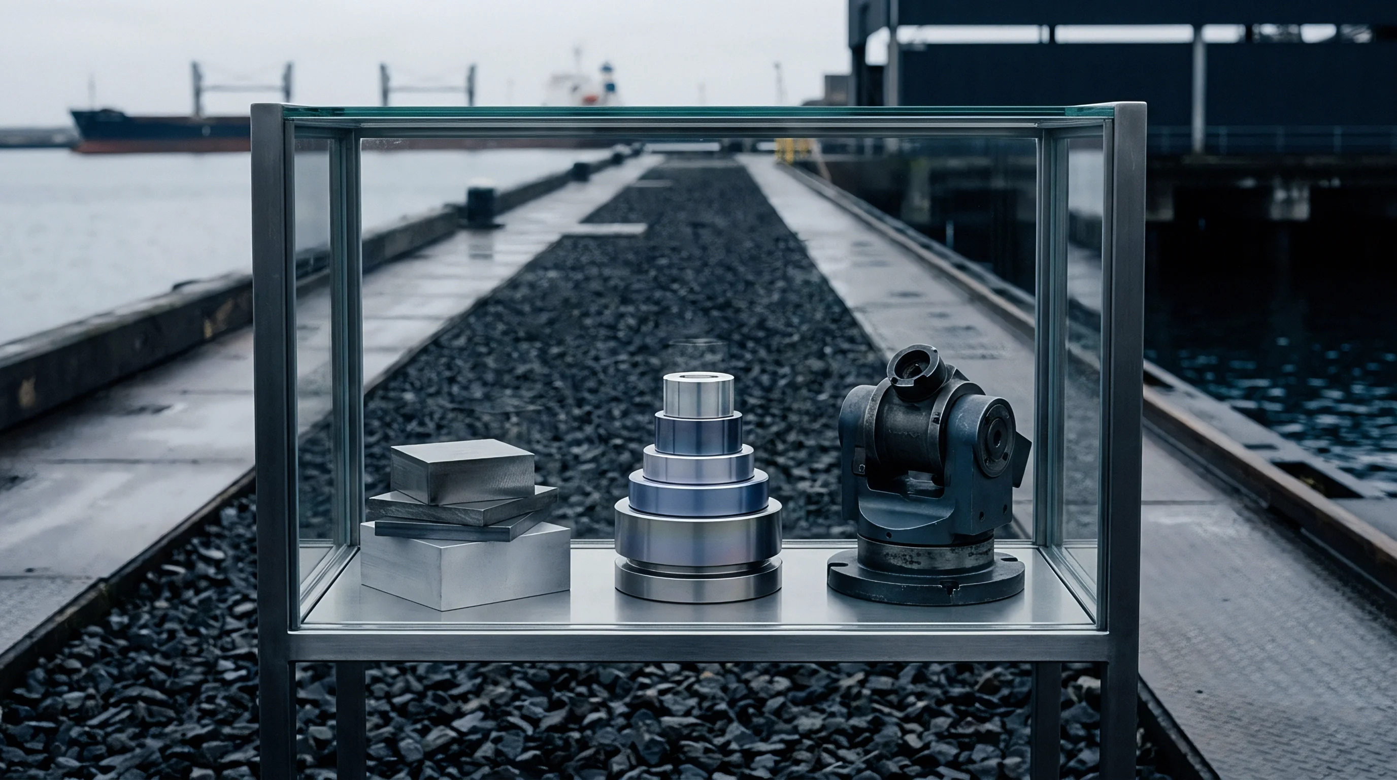 A glass and metal display case holds varied metal stock and precision-machined industrial parts on a dock.