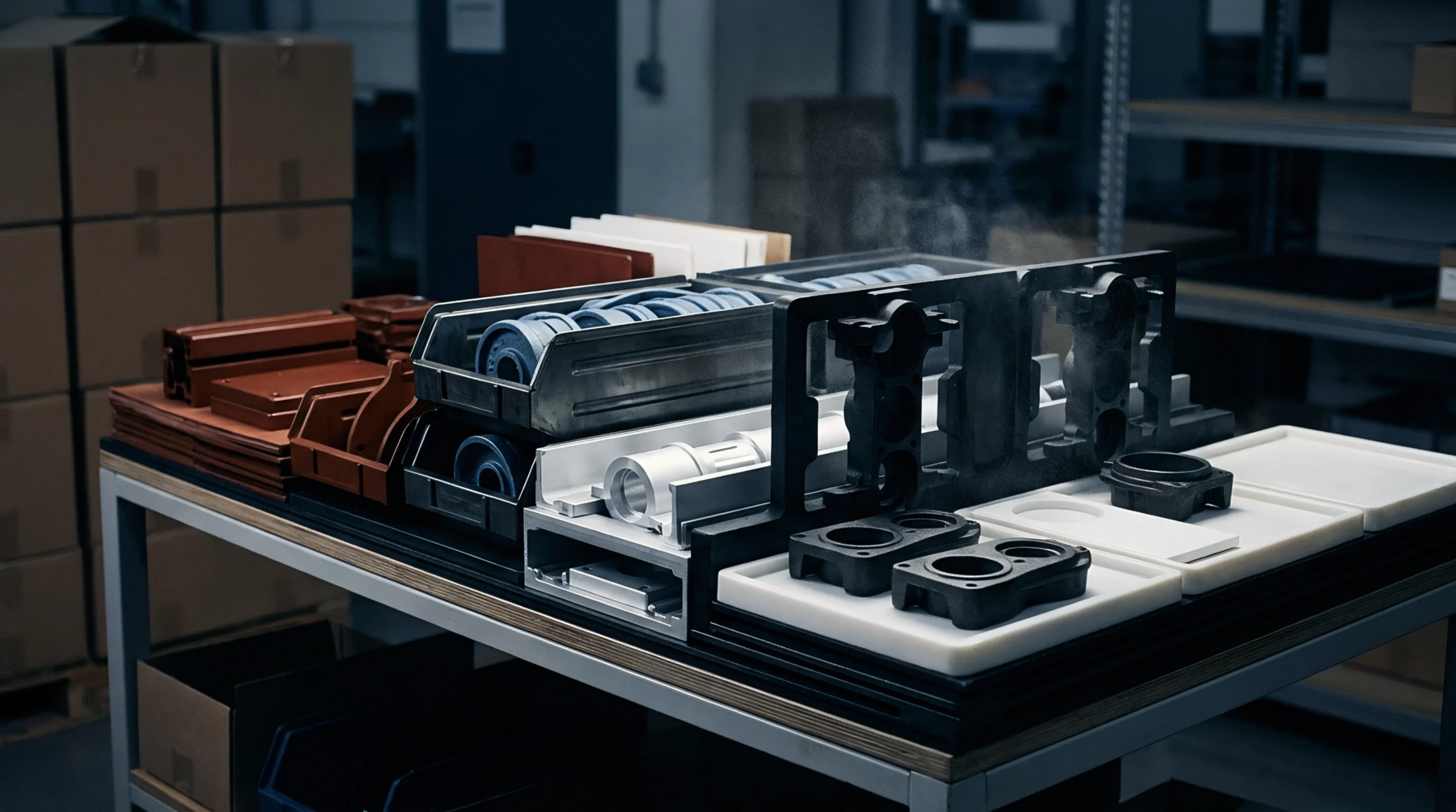Industrial metal and plastic components sit on a worktable in organized trays and bins inside a manufacturing warehouse facility.