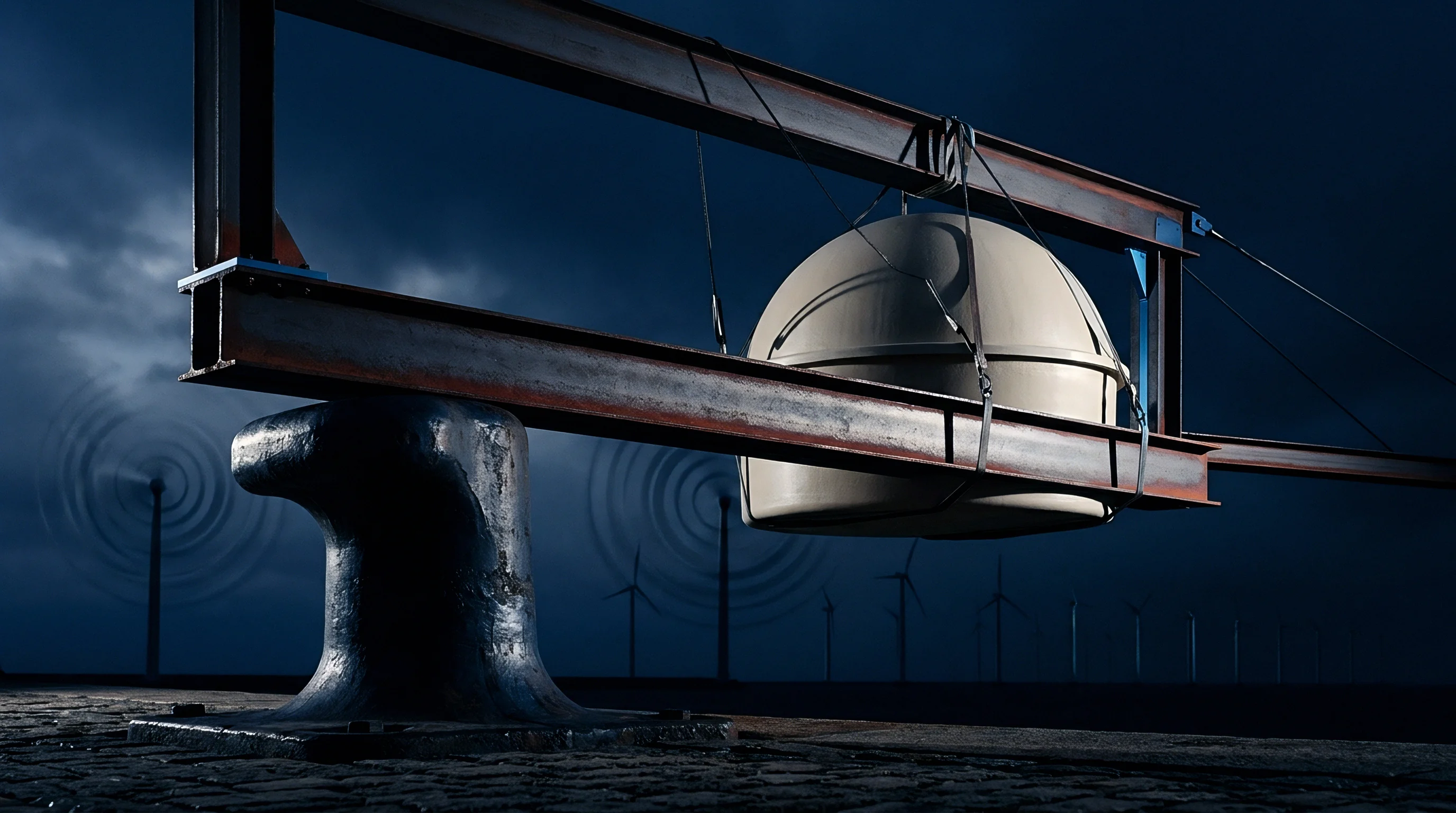 A digital render presents a heavy subsea energy dome suspended inside a structural steel testing rig upon a dark industrial pier.