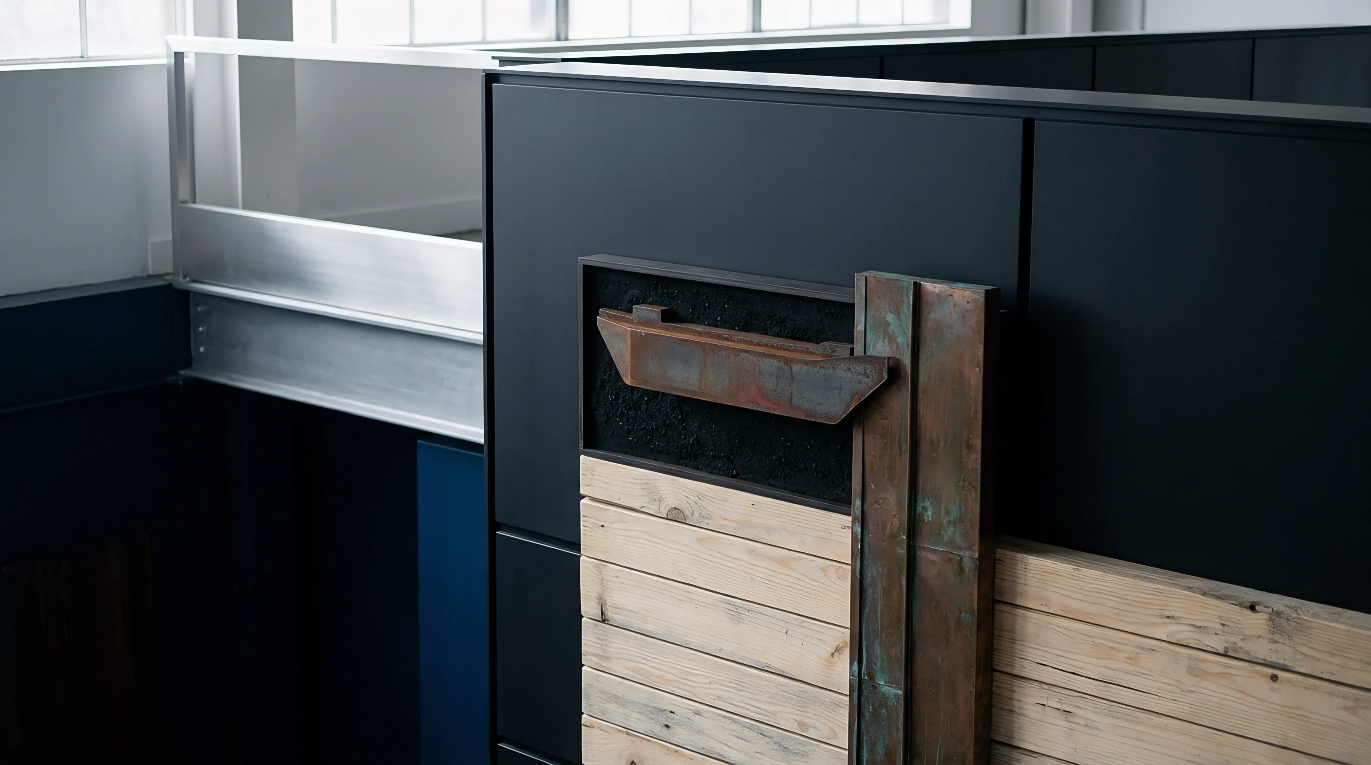 A weathered metal hull model rests above timber planks and oxidized copper panels mounted on a dark industrial wall.