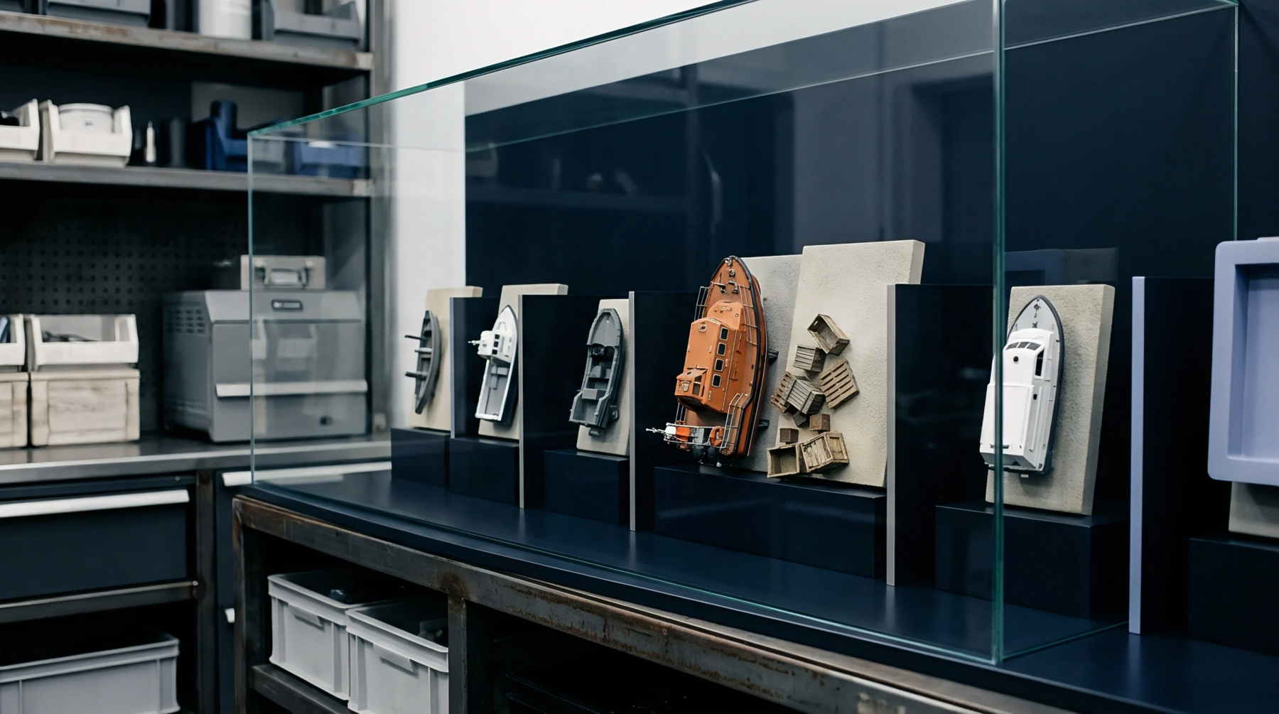 Miniature models of maritime vessels and cargo crates rest inside a glass display case within an industrial workshop storage facility.