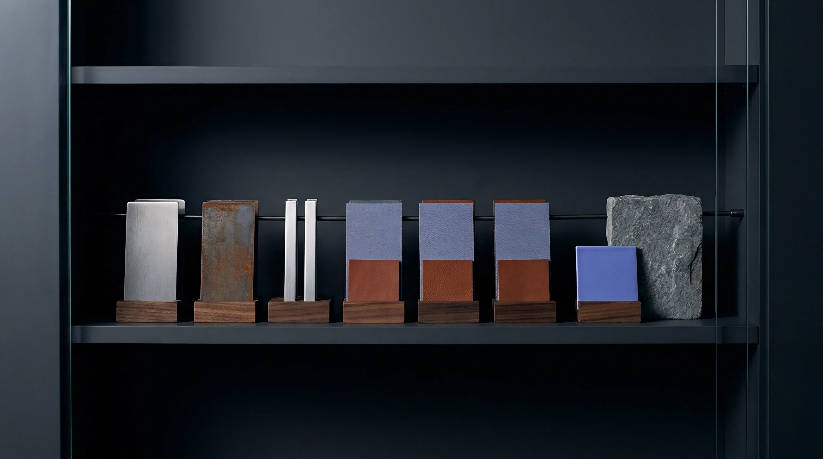 A row of metal stone and composite industrial test specimens stands on wooden blocks arranged along a dark steel shelf.