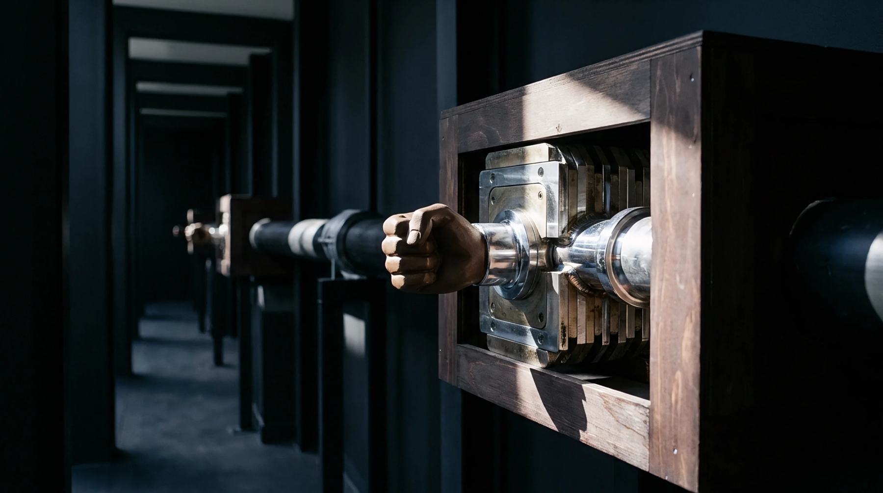 A series of wooden enclosures housing metallic fist shaped levers align along a dark corridor connected by a thick central conduit.