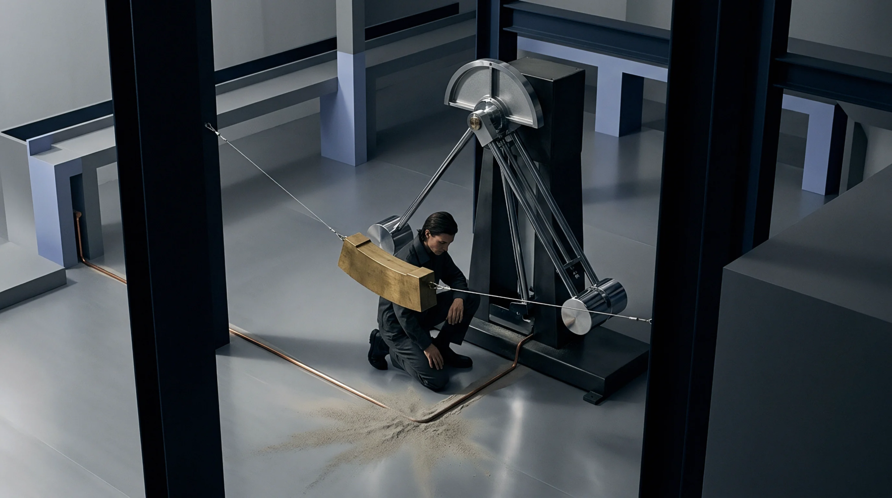 A technician inspects a heavy metal test specimen suspended by cables within an industrial structural testing facility.