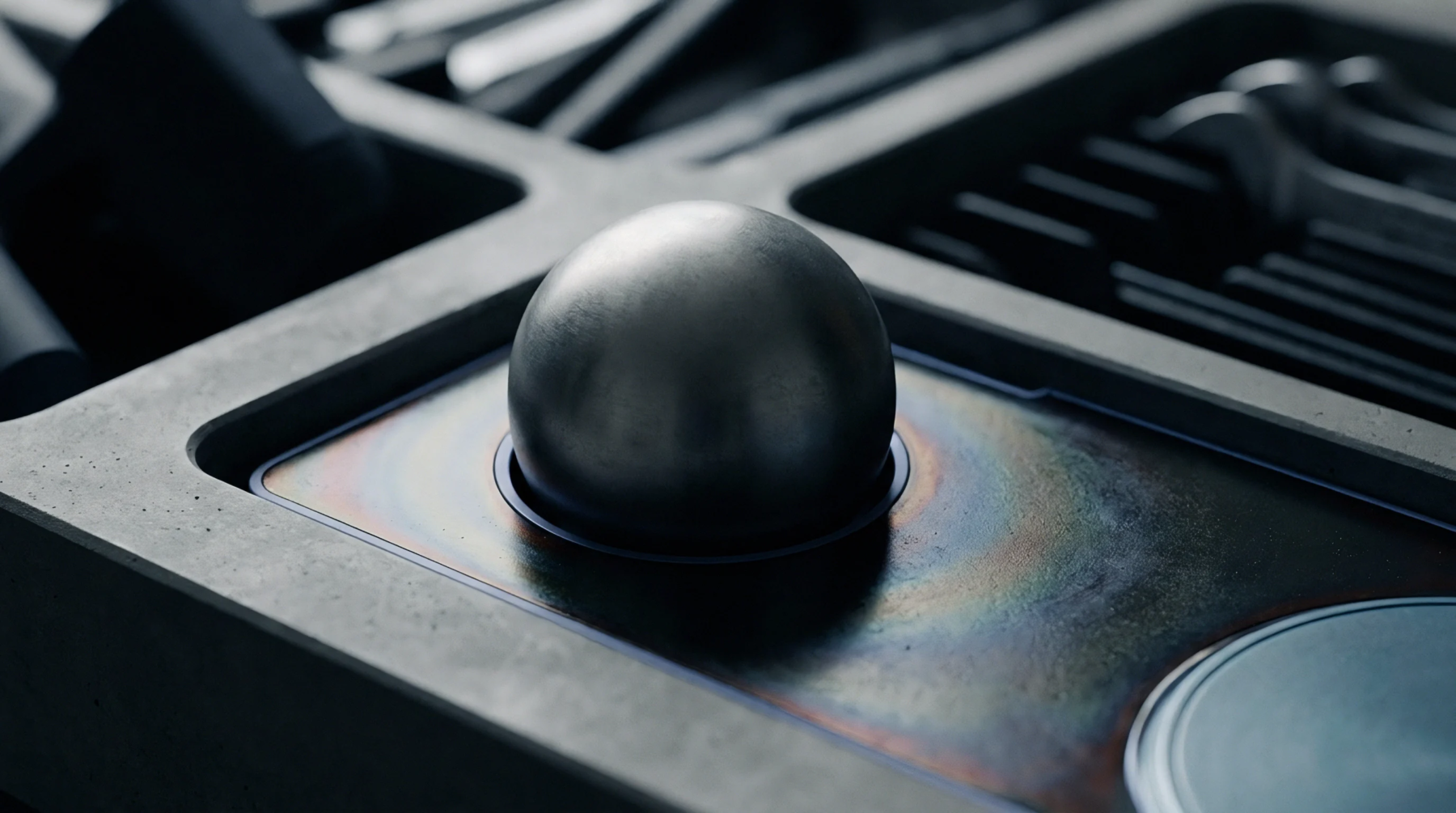 A solid steel sphere rests inside a precision machined socket upon a heat tempered metal workbench surface.