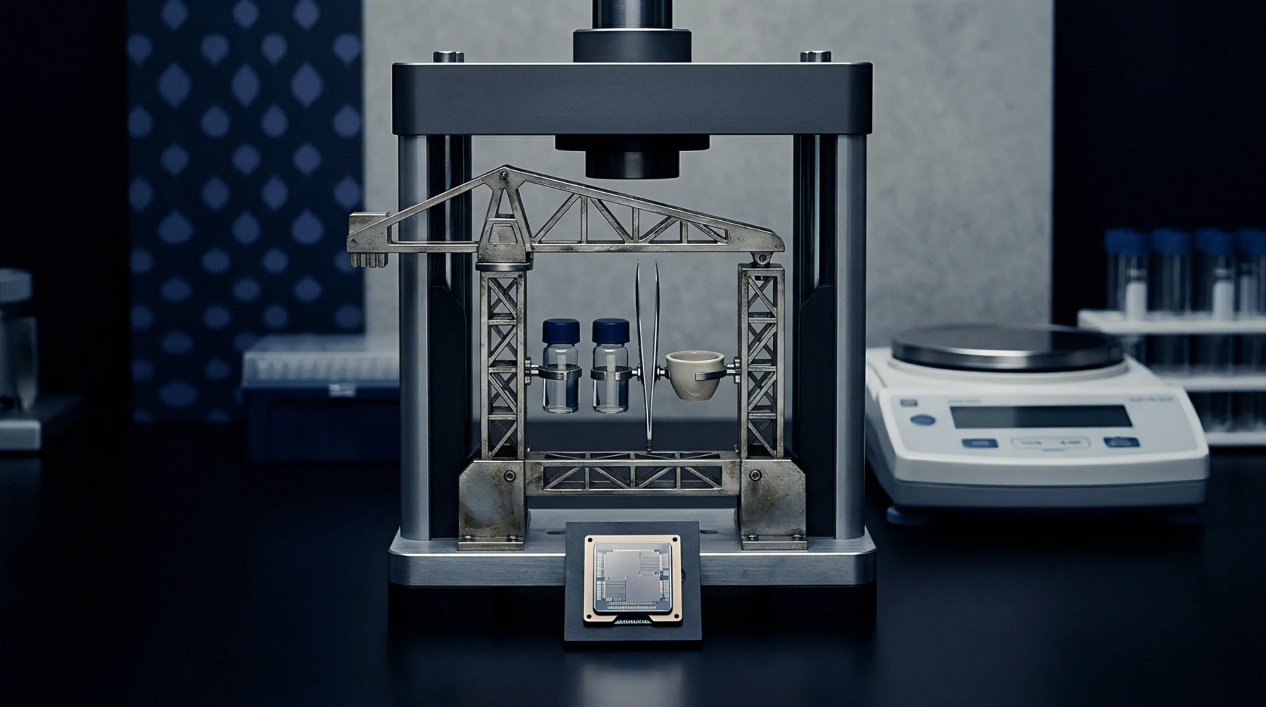 A miniature industrial crane holding glass vials and a crucible stands beneath a heavy testing press inside a clean laboratory environment.