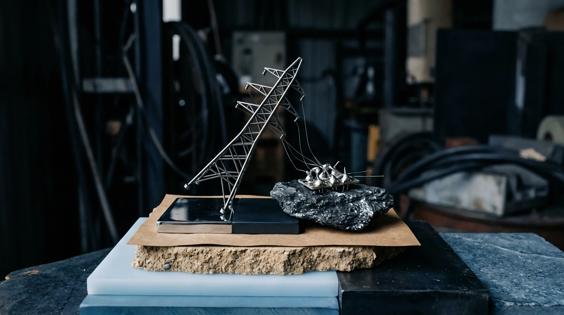 A miniature steel electricity pylon model connects via thin filaments to a dark mineral lump resting inside an industrial workshop.