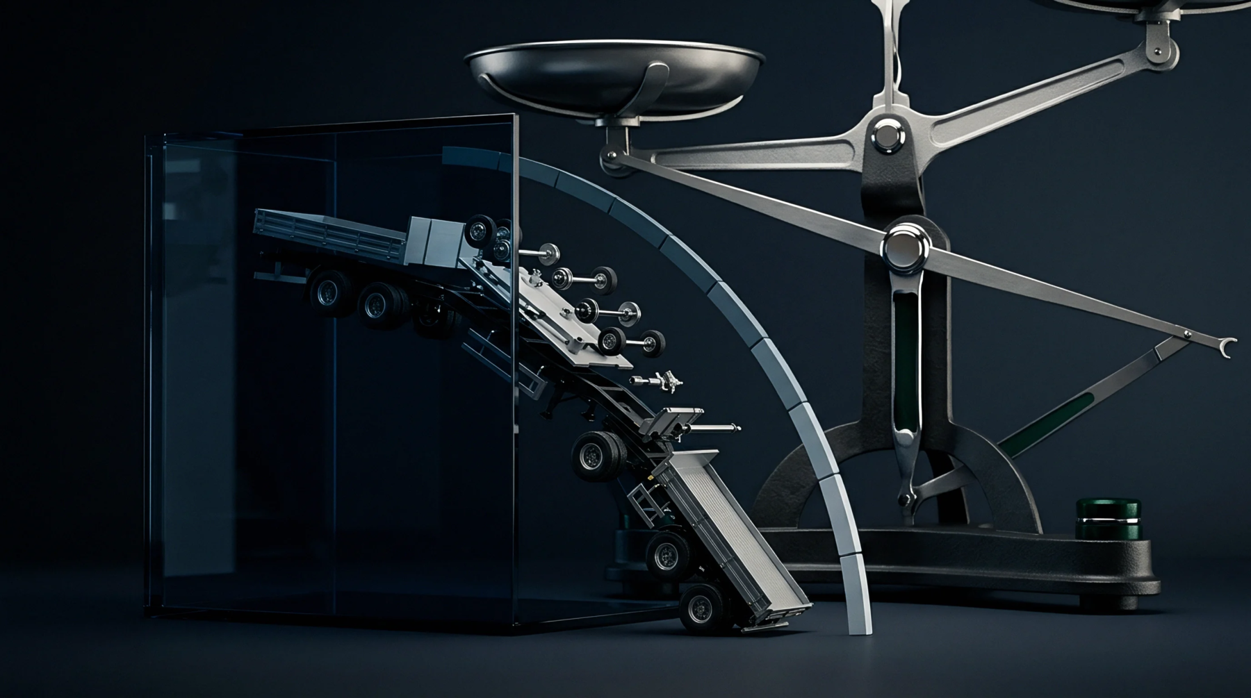 A rendered scale model truck body splits apart along a curved track inside a dark studio next to a metal weighing scale.