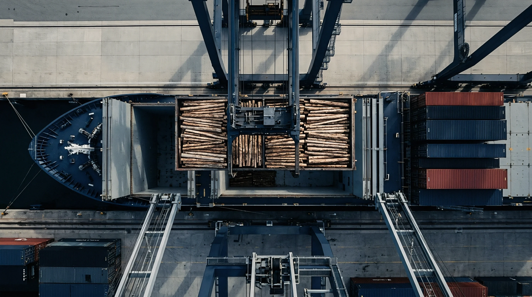 A gantry crane suspends bundles of raw timber logs above an open cargo hold of a bulk carrier docked at a concrete terminal.