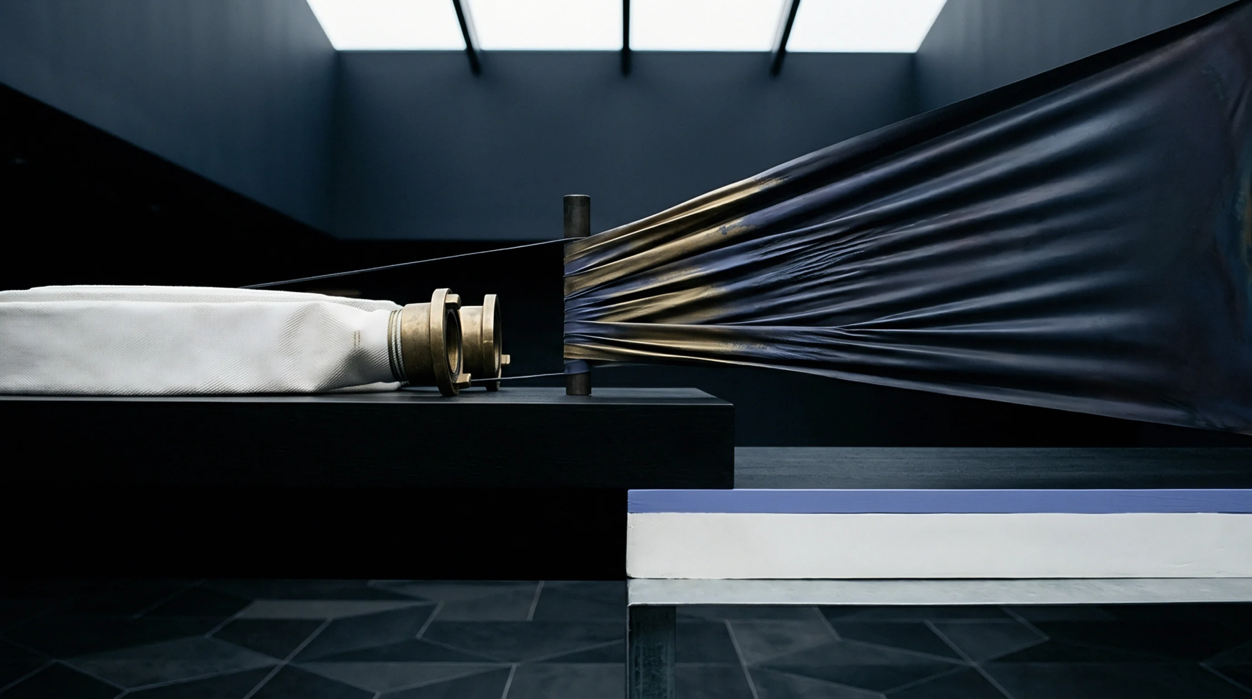 A white folded container and brass couplings rest beside a vertical metal guide post feeding a dark polymer sheet across an industrial room.