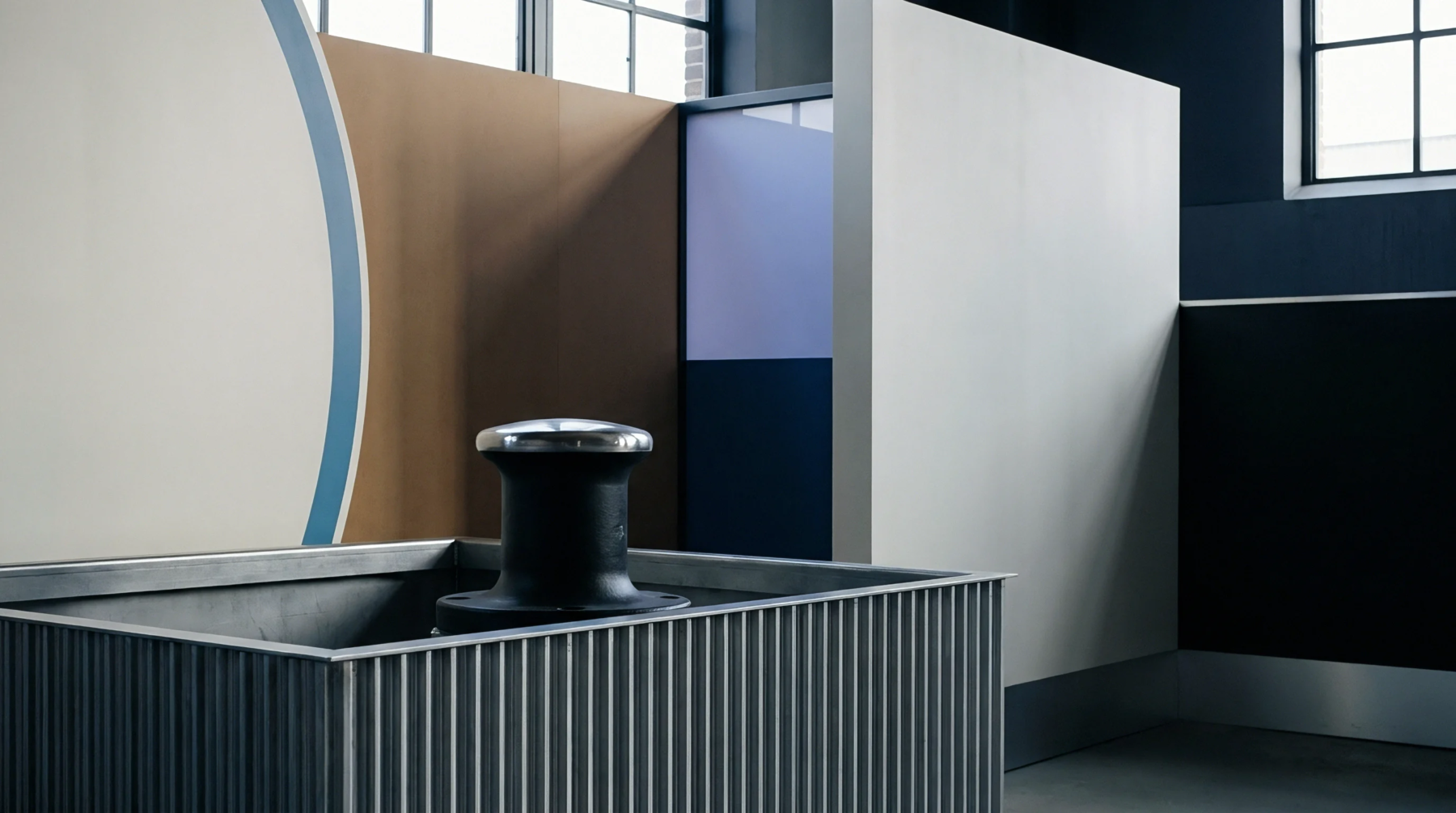 A heavy steel marine mooring bollard stands inside a corrugated metal housing within a minimalist industrial trade exhibition setting.
