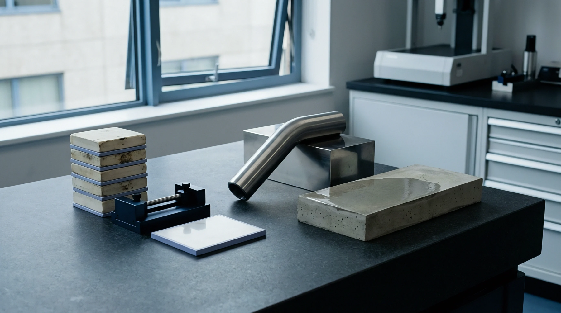 Precision metal tubing components, concrete sample blocks, and ceramic gauge standards occupy a dark industrial laboratory workbench during metrology inspection.