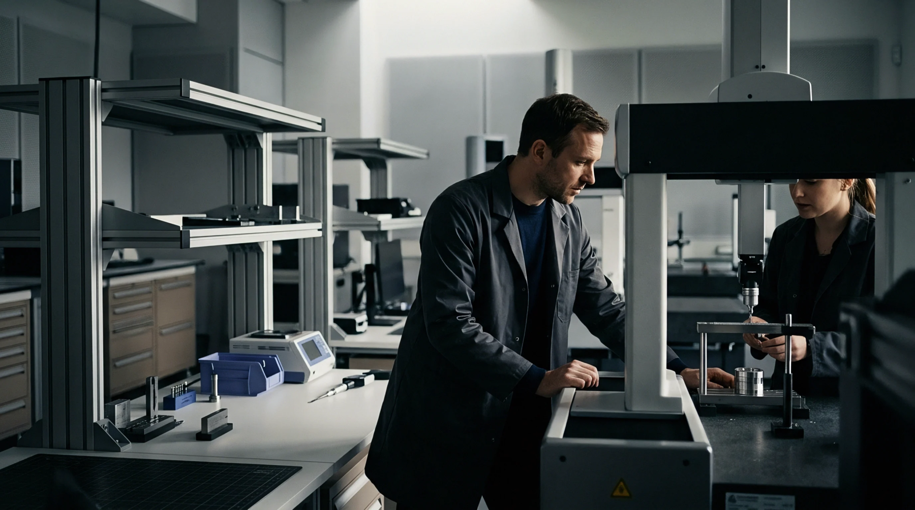 Two technicians operate a coordinate measuring machine to inspect machined metal components within a controlled industrial environment during production quality assurance protocols.