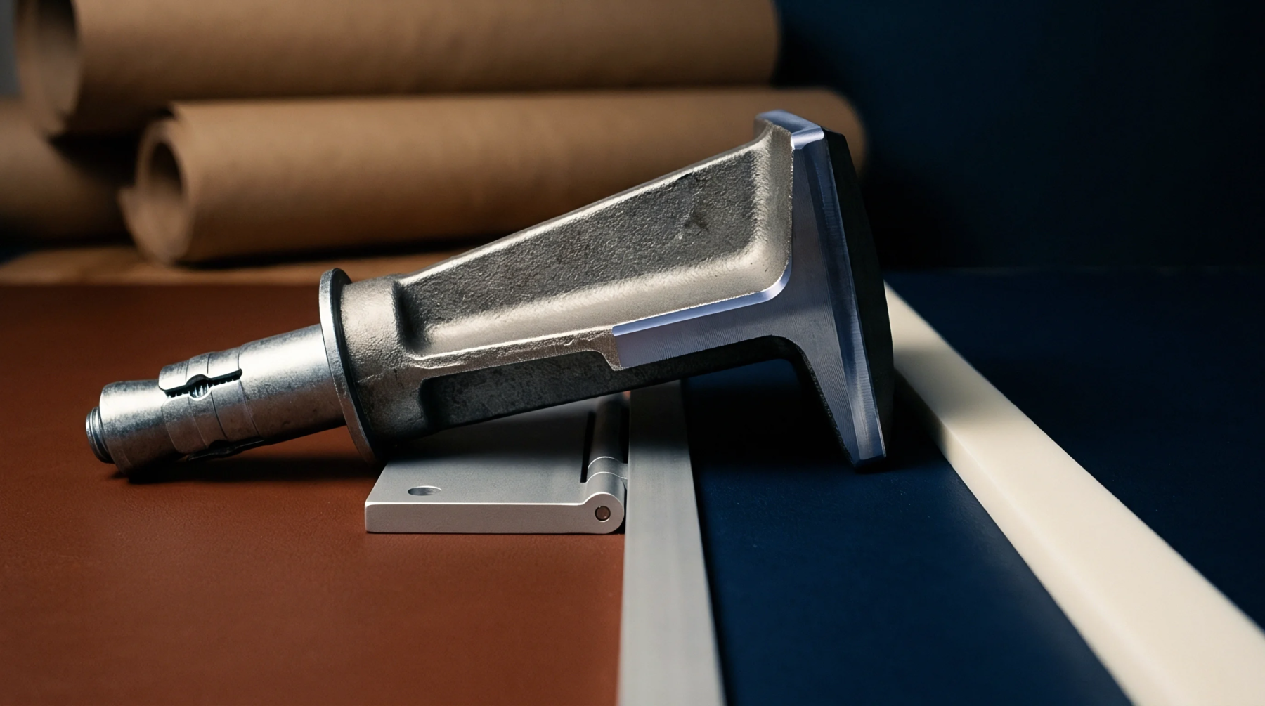 A cast metal industrial component with machined surfaces rests on a split brown and blue surface next to a light grey hinge.