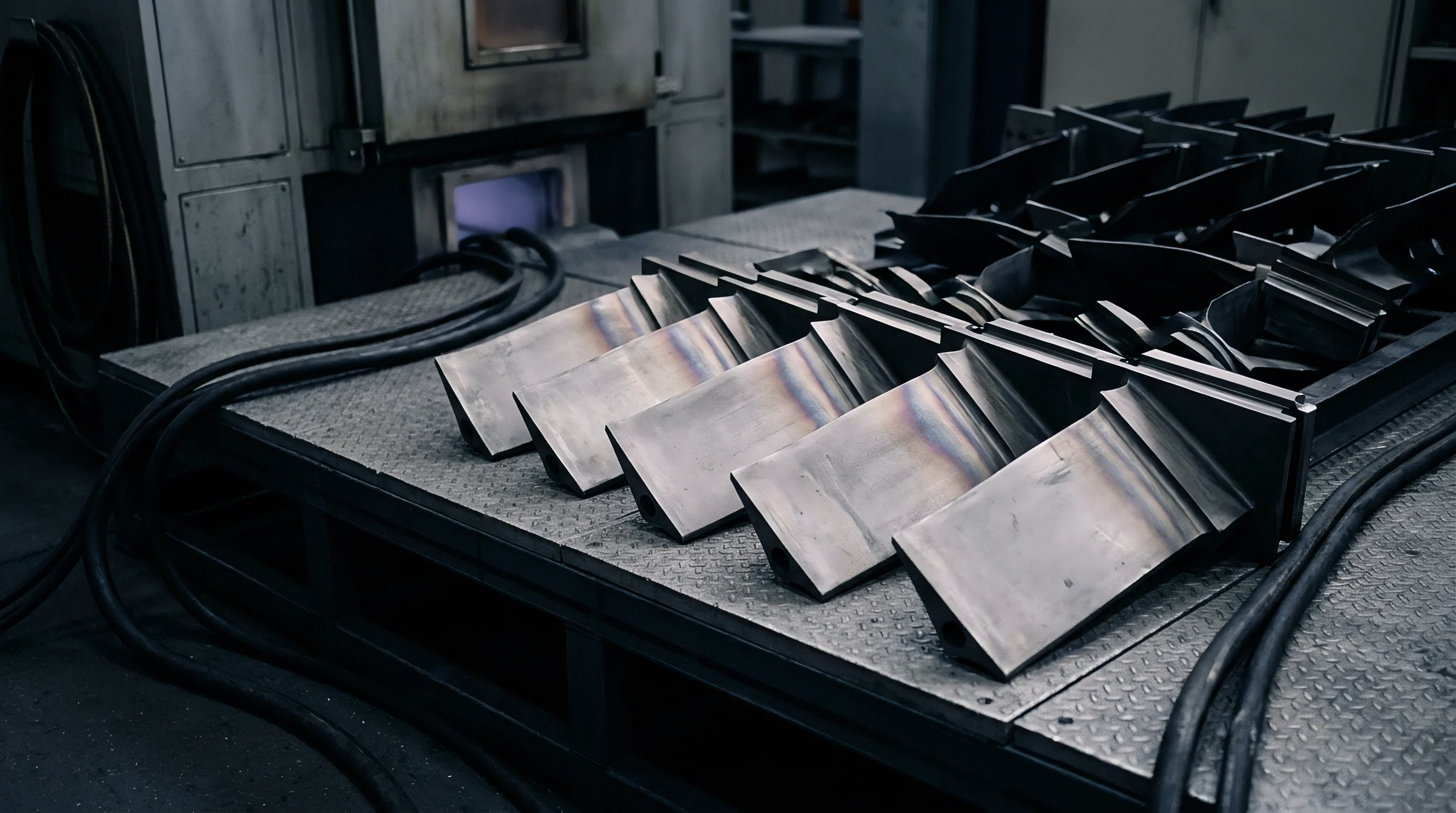 Machined alloy turbine blades rest on a steel workbench inside a heavy industrial machinery production plant.